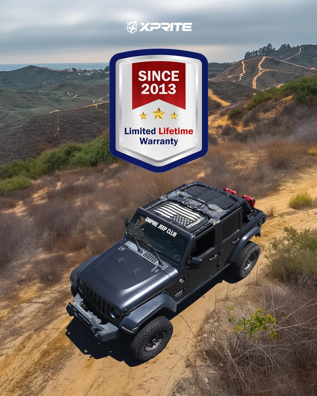 Xprite US Flag Sunshade for 2018-2025 Jeep Wrangler JL 4XE, 4-Door Front & Rear Sun Shade Mesh Top, 2PCS UV/Wind/Noise Blocker, Bikini Top Cover for Off-Road Jeep Accessories