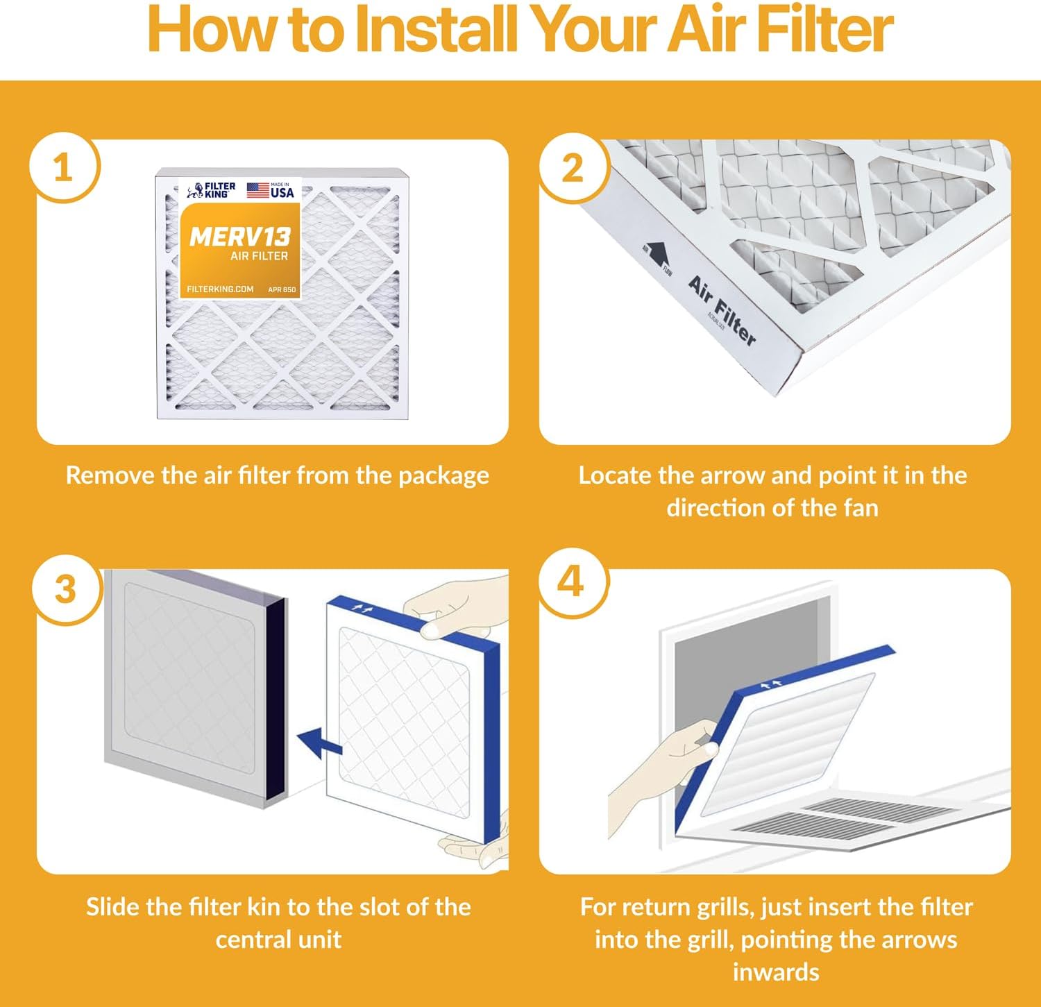 Filter King 13x19.5x1 Air Filter | 4-PACK | MERV 13 HVAC Pleated A/C Furnace Filter | MADE IN USA | Actual Size: 13 x 19.5 x .75