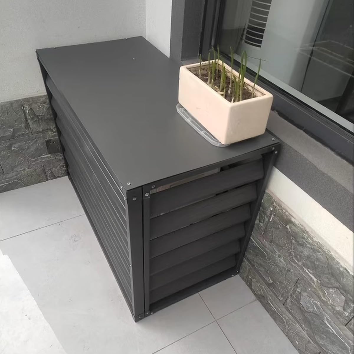 Air Conditioner Covers Flower Rack For Outside Units, Aluminum Detachable Outer Frame Protective Cover, Louvered Plant Shelf Balcony Garden Rust Proof AC Cove(Cream,110*80*60cm)