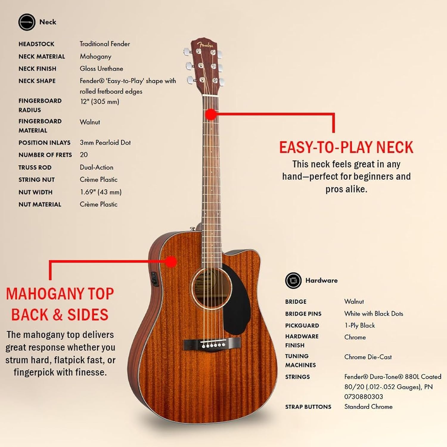 Fender CD-60SCE Solid Top Dreadnought Acoustic-Electric Guitar - All Mahogany Bundle with Hard Case, Tuner, Instrument Cable, Strap, Strings, Picks, Austin Bazaar Polishing Cloth and Instructional DVD