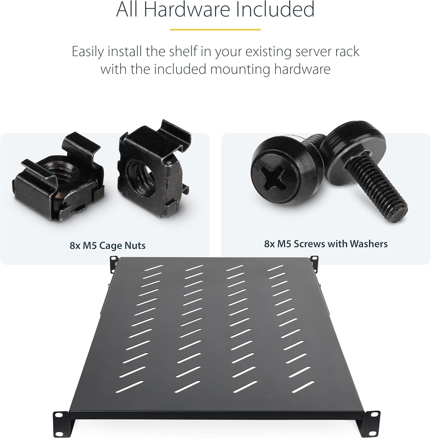 StarTech.com 1U 4-Post Server Rack Shelf, Vented, Adjustable Mounting Depth (28-34.4in/71.1-87.3cm), 150lb (68kg) Capacity