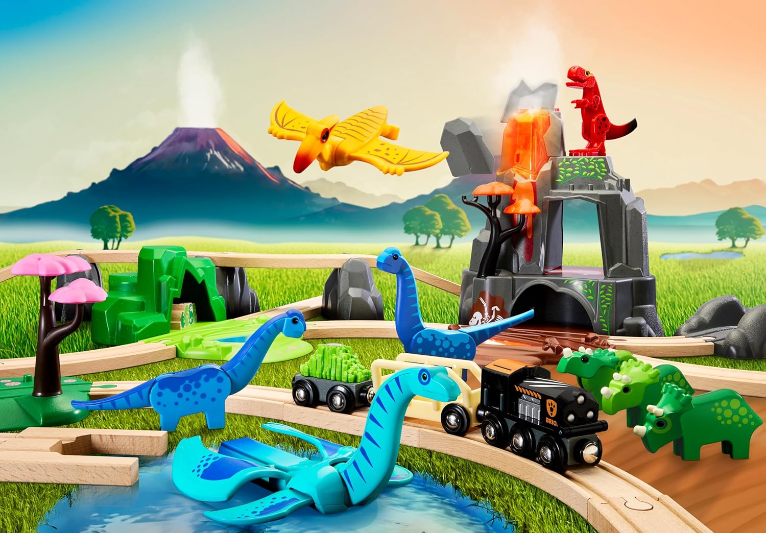 BRIO World Dinosaur Deluxe Set - 44-Piece FSC-Certified - Wood Train Set & Accessories - Works with All Wooden Train Sets - Dinosaur Train Engine, 2 Wagons, 8 Dinosaurs, Tracks & More - Kids Ages 3+
