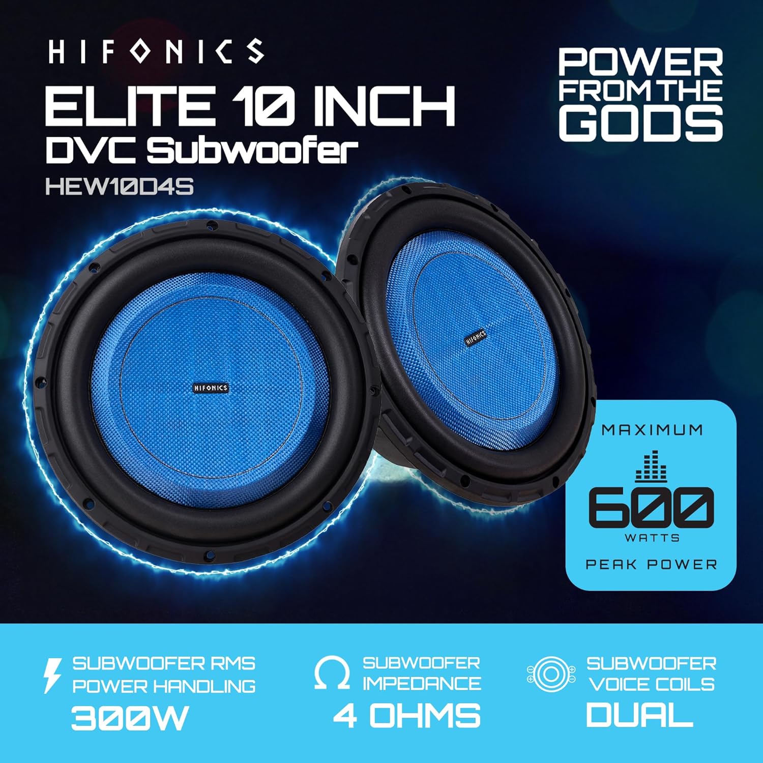 Hifonics 4 Pack Elite 10 Inch Shallow Mount Car Subwoofer, Dual 4 Ohm Voice Coil Speaker 600 Watt Peak Power Mobile Amplifier, Black/Blue