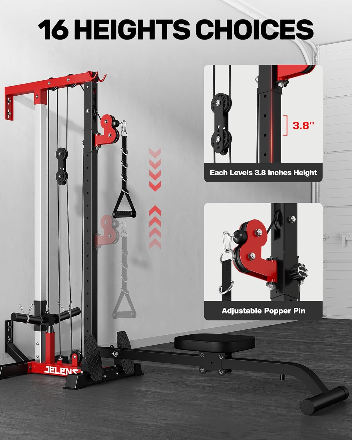 Wall Mount LAT Pulldown Machine, Cable Machine with 16 Adjustable Positions, High and Low Cable Crossover Machine for Home Gym, Crossover Pulley System with Cable Row Attachment