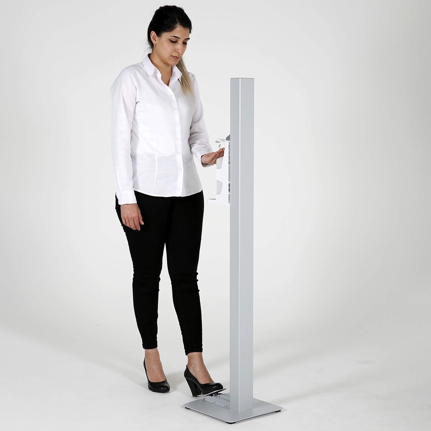M&T Displays Basic Hand Sanitizer Dispenser Station Gray Handsfree Touchless Foot Operated Refillable 1000 mL. (33.8 oz.) for Liquid/Lotion Soap Sanitizing Products Floor Standing Commercial