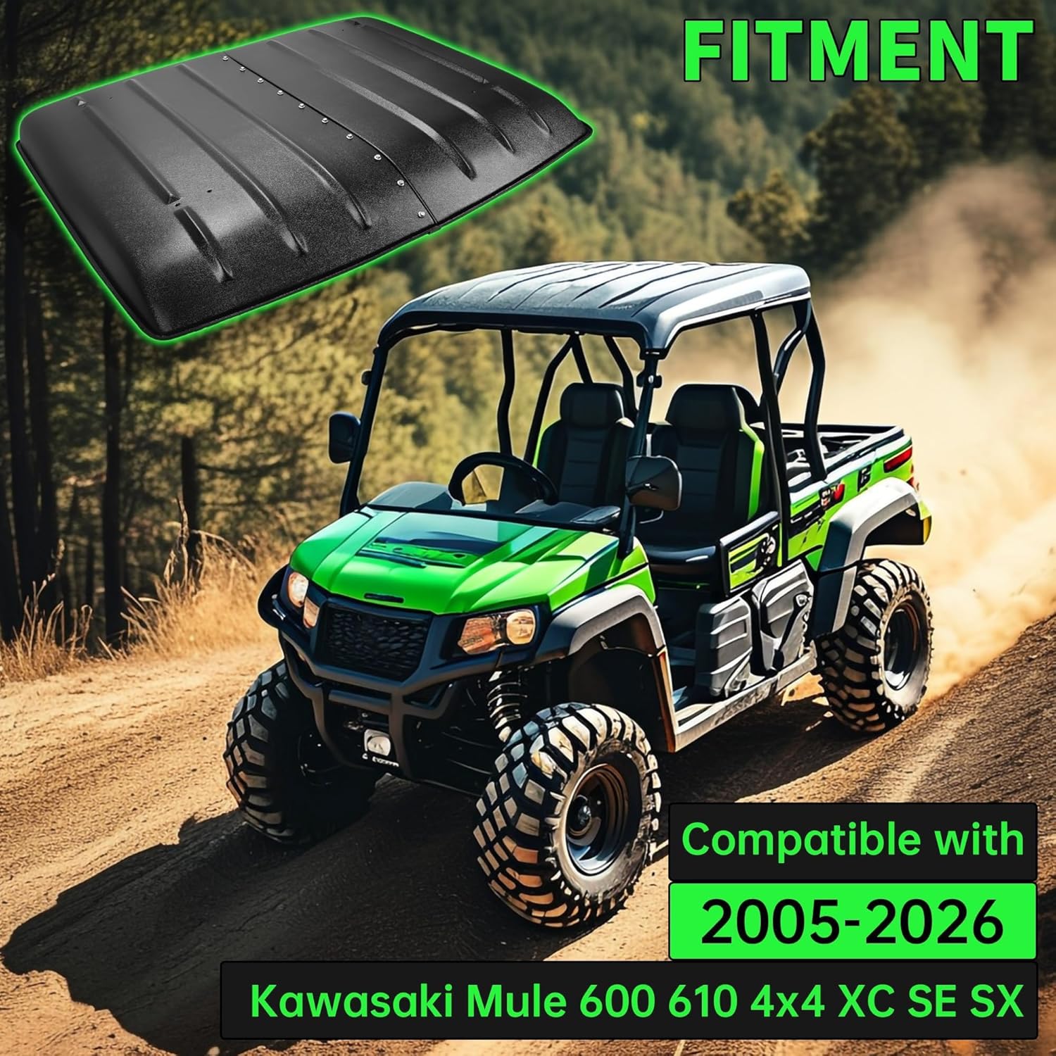 HECASA Hard Roof Top Compatible with 2005-2024 Kawasaki Mule 600 610 SX 4X4 Top Roof Replace for KAF600-005B Black UTV Accessories