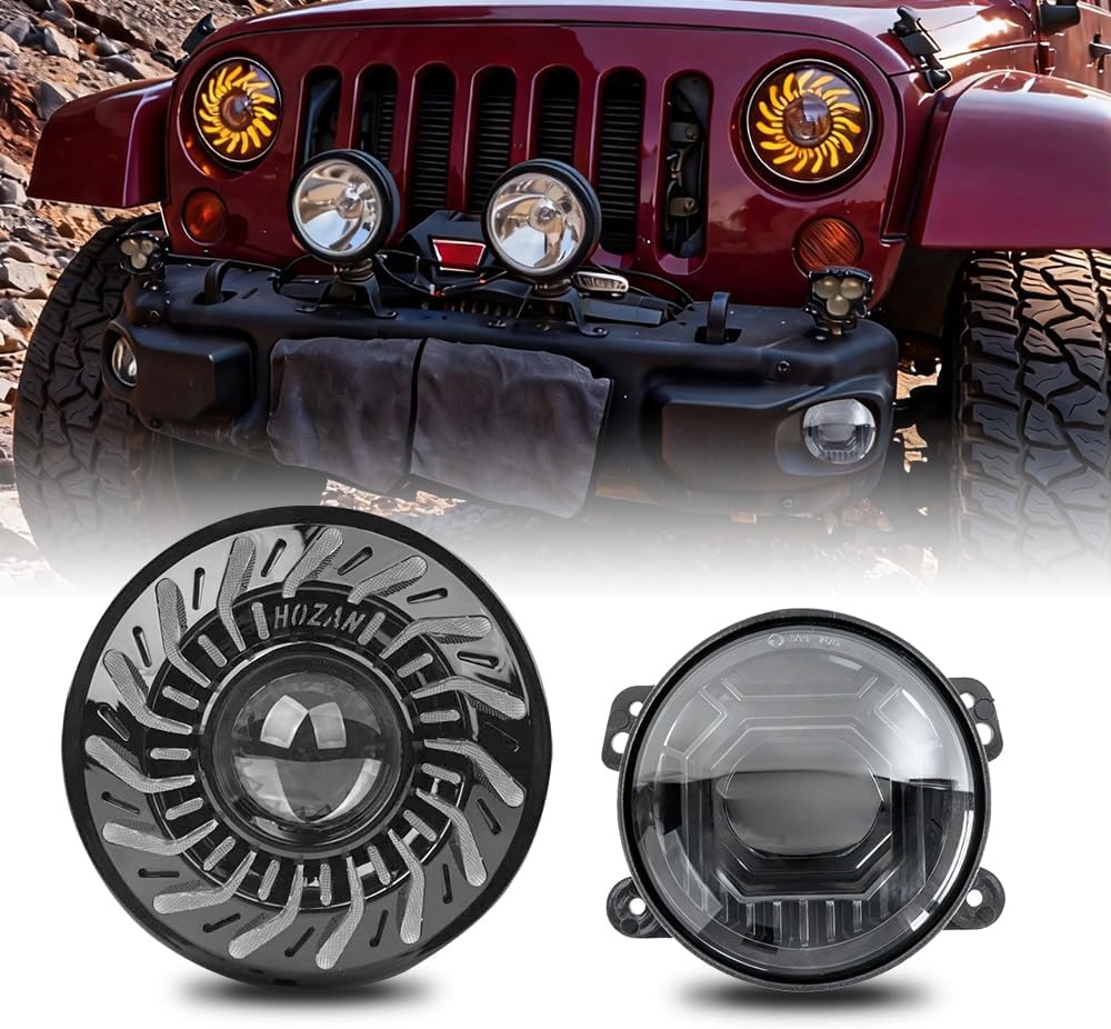 7-inch turbo dynamic circular headlights and 4-inch angel eye new fog lights combination, suitable for Jeep Wrangler JK JKU LJ CJ TJ 1997-2018 JKU and other car models Accessories