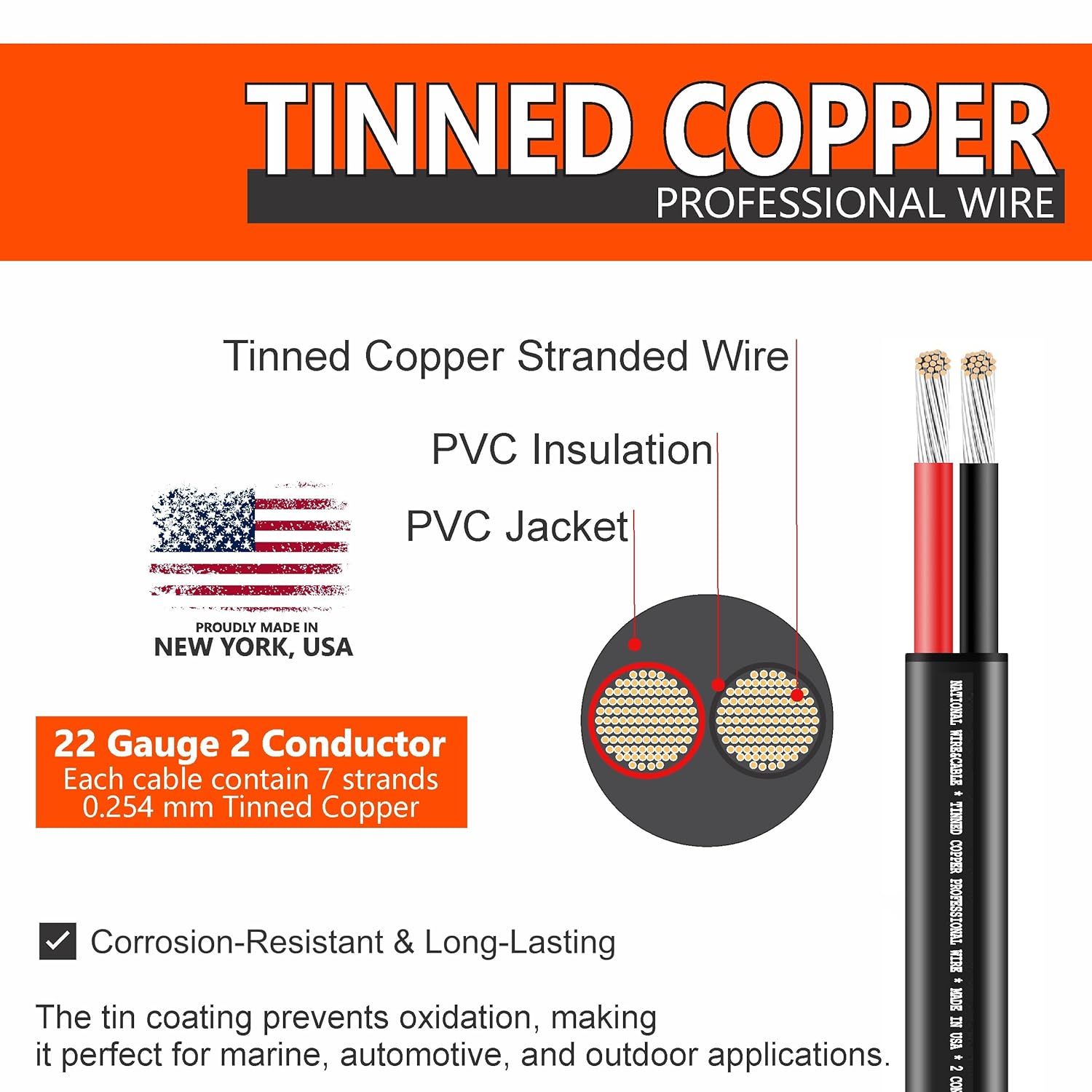 National Wire&Cable - 22/2 Tinned Copper Professional Wire (250 Feet) 22 AWG Gauge Stranded PVC Cord - 2 Conductor Electrical Wire - Made in USA - CL Rated/ETL Listed - LED Light, Low Voltage Cable