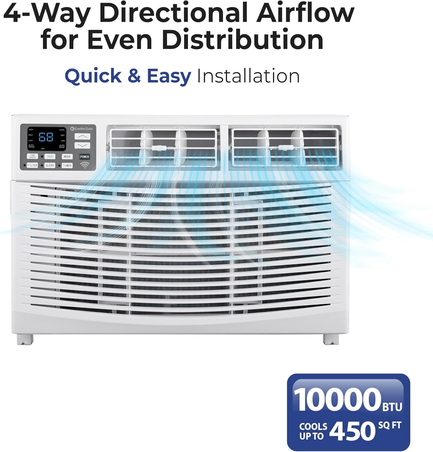 Comfort Zone Window Mounted Smart Wi-Fi Room Air Conditioner with Remote Control, 10,000 BTU, Digital Display, 4 Speed Settings, 4 Mode Settings, 24-Hour Timer, Sleep Setting, and Eco Mode, CZ12759