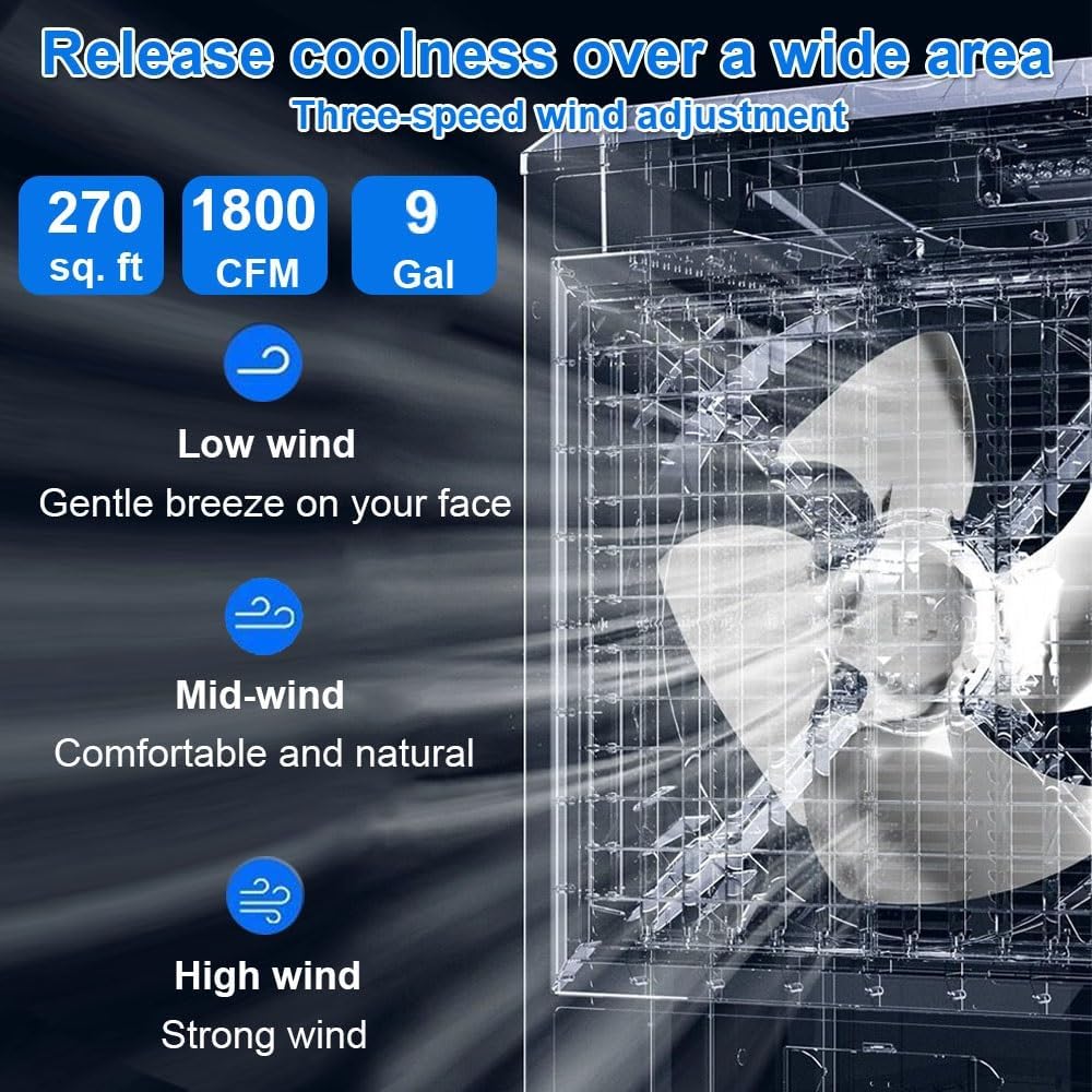 Generic Evaporative Air Cooler, Swamp Cooler With 9 Gal Tank, Portable Air Conditioner For Garage, Yard, Air Cooler Cooling Fan With Universal Wheel