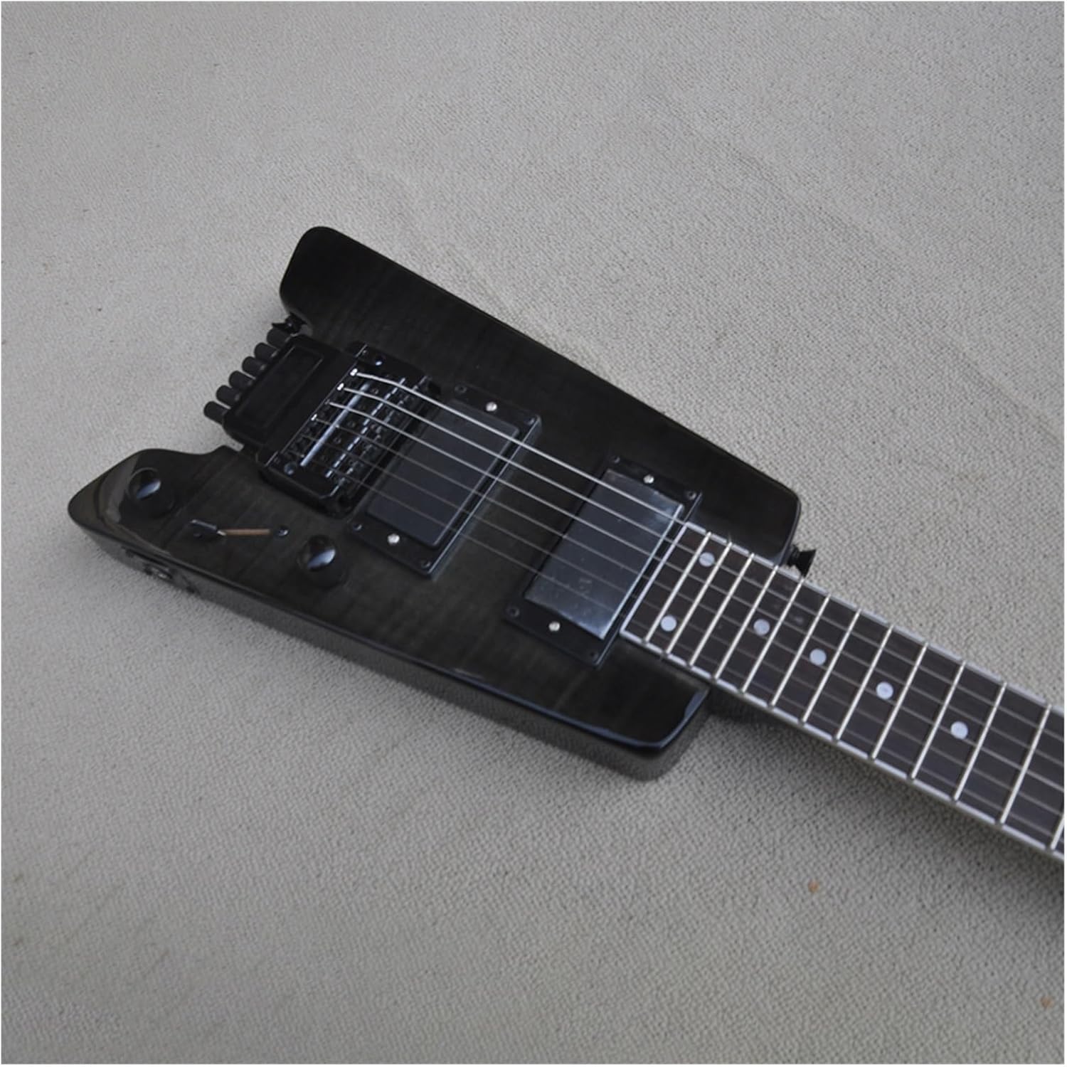 Black 39 Inches Headless Electric Guitar with Flame Maple Veneer 24 Frets Professional Headless Guitar