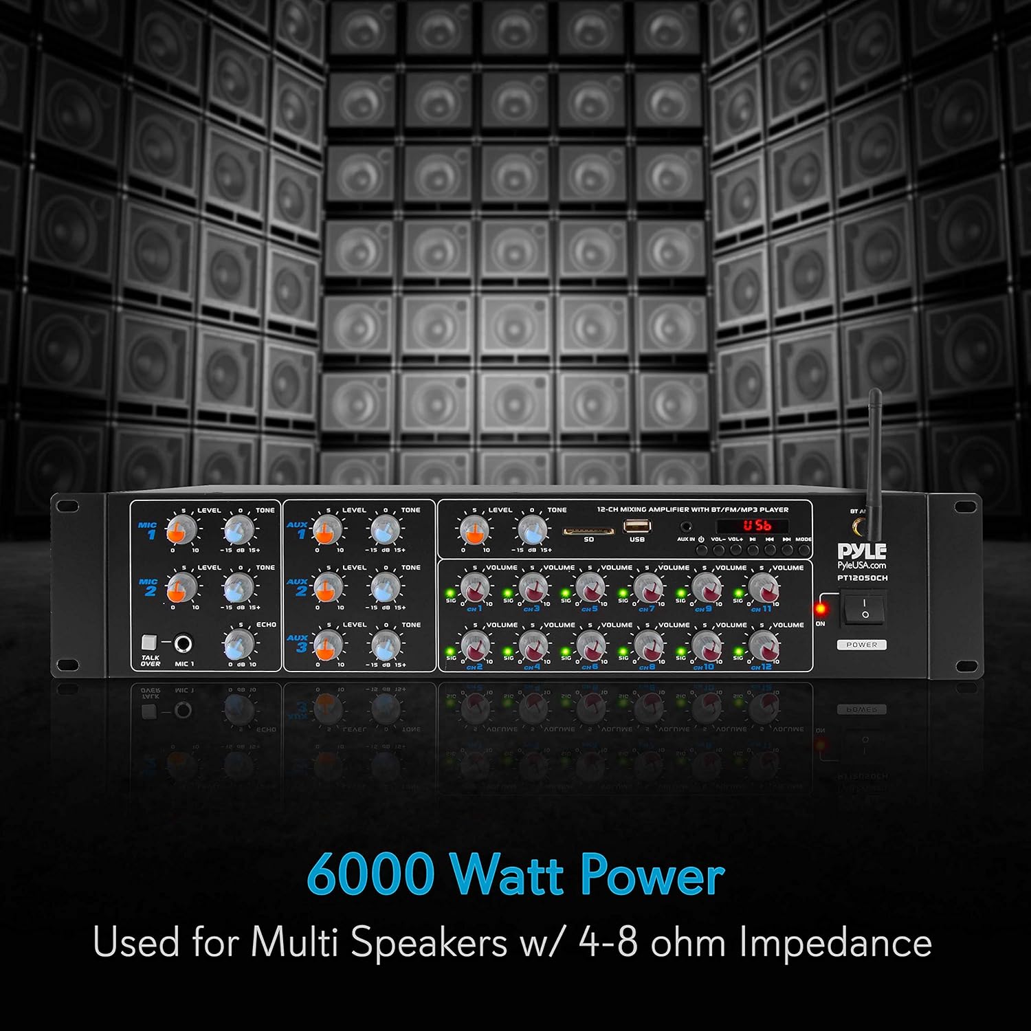 Pyle 12-Channel Wireless Bluetooth Power Amplifier - 6000 Watts Maximum Power Output, Multi-Zone Audio Source Mixer Receiver with USB, SD, AUX Inputs, and Digital LED Display Panel - PT12050CH.5