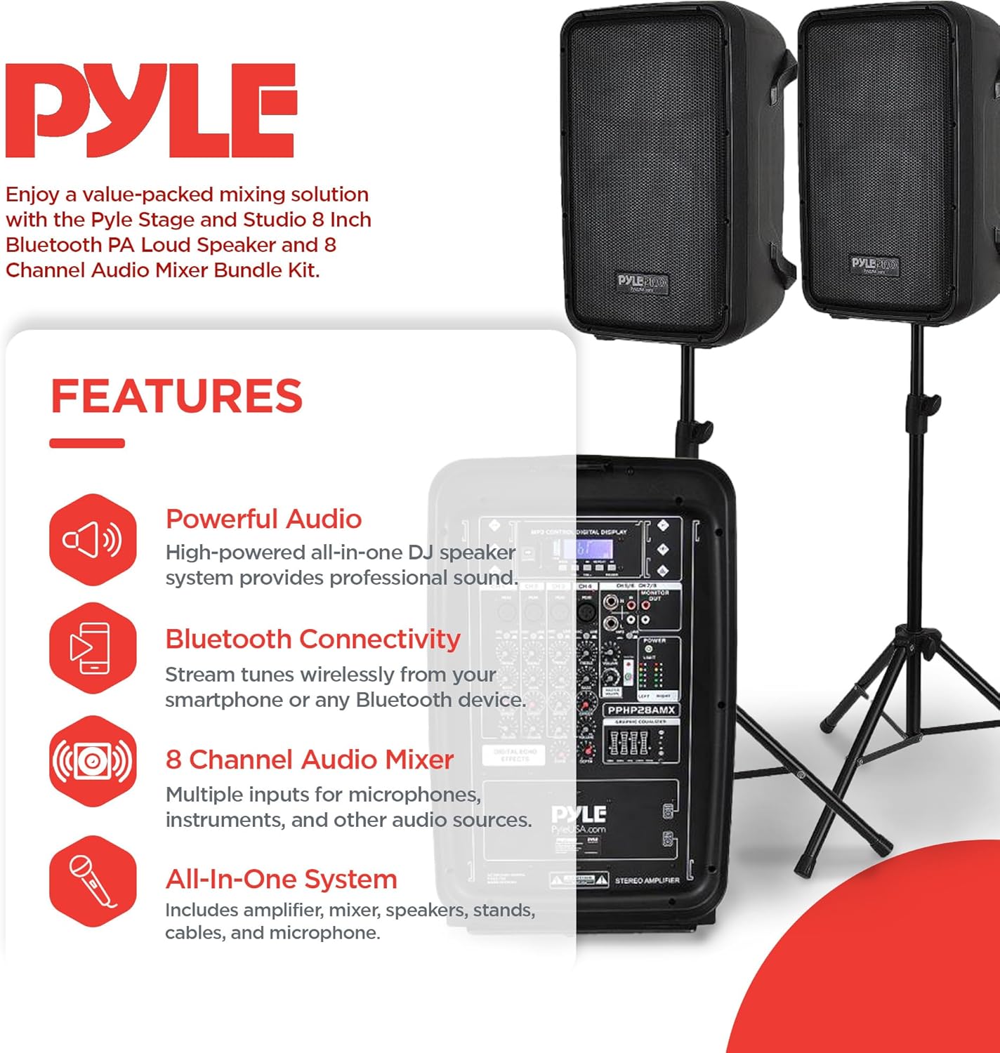 Pyle PA Speaker DJ Mixer Bundle - 300 W Portable Wireless Bluetooth Sound System w/ USB SD XLR 1/4