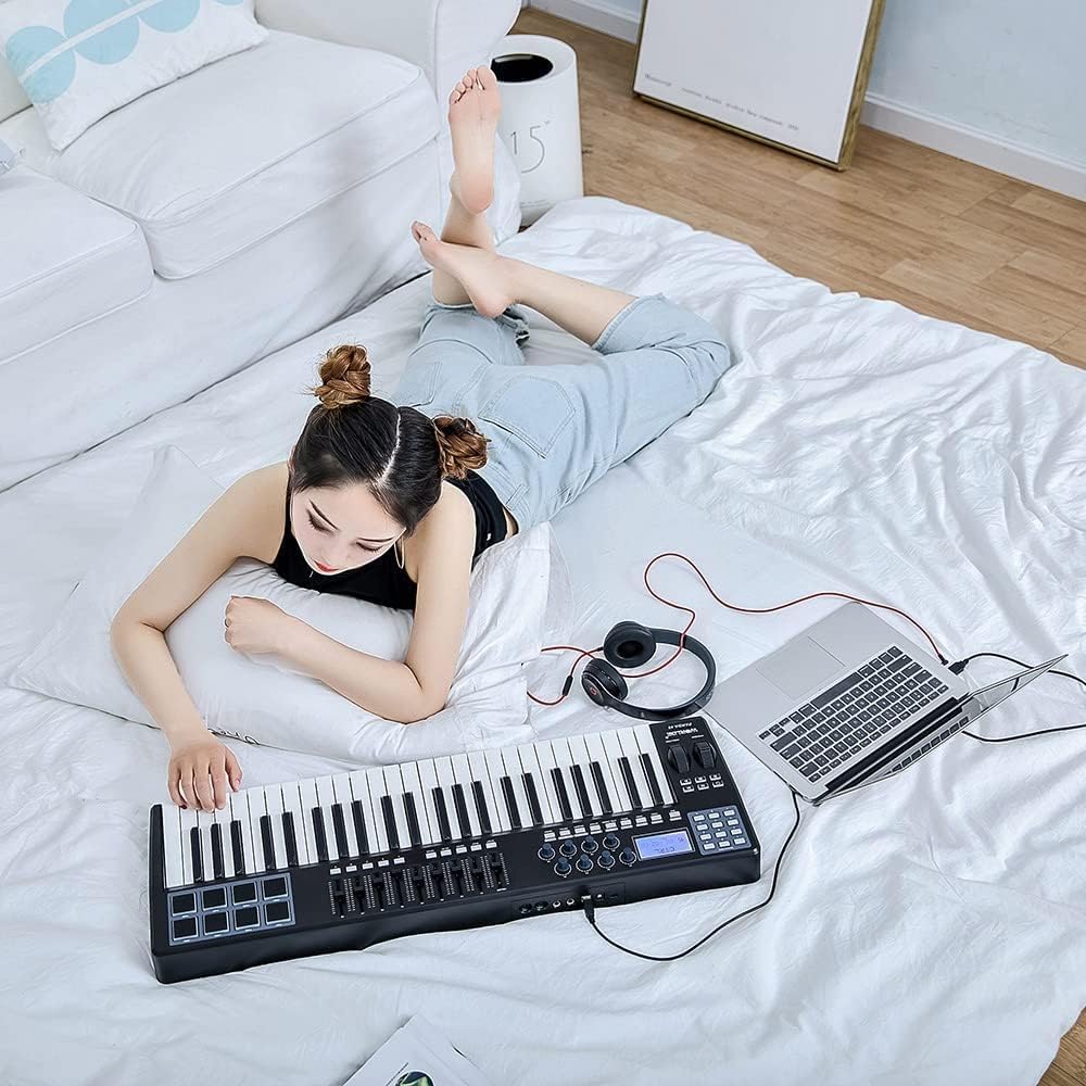 Keyboard Piano, Portable 49-Key USB MIDI Keyboard Controller 8 RGB Colorful Backlit Trigger Pads with USB Cable MIDI Keyboard