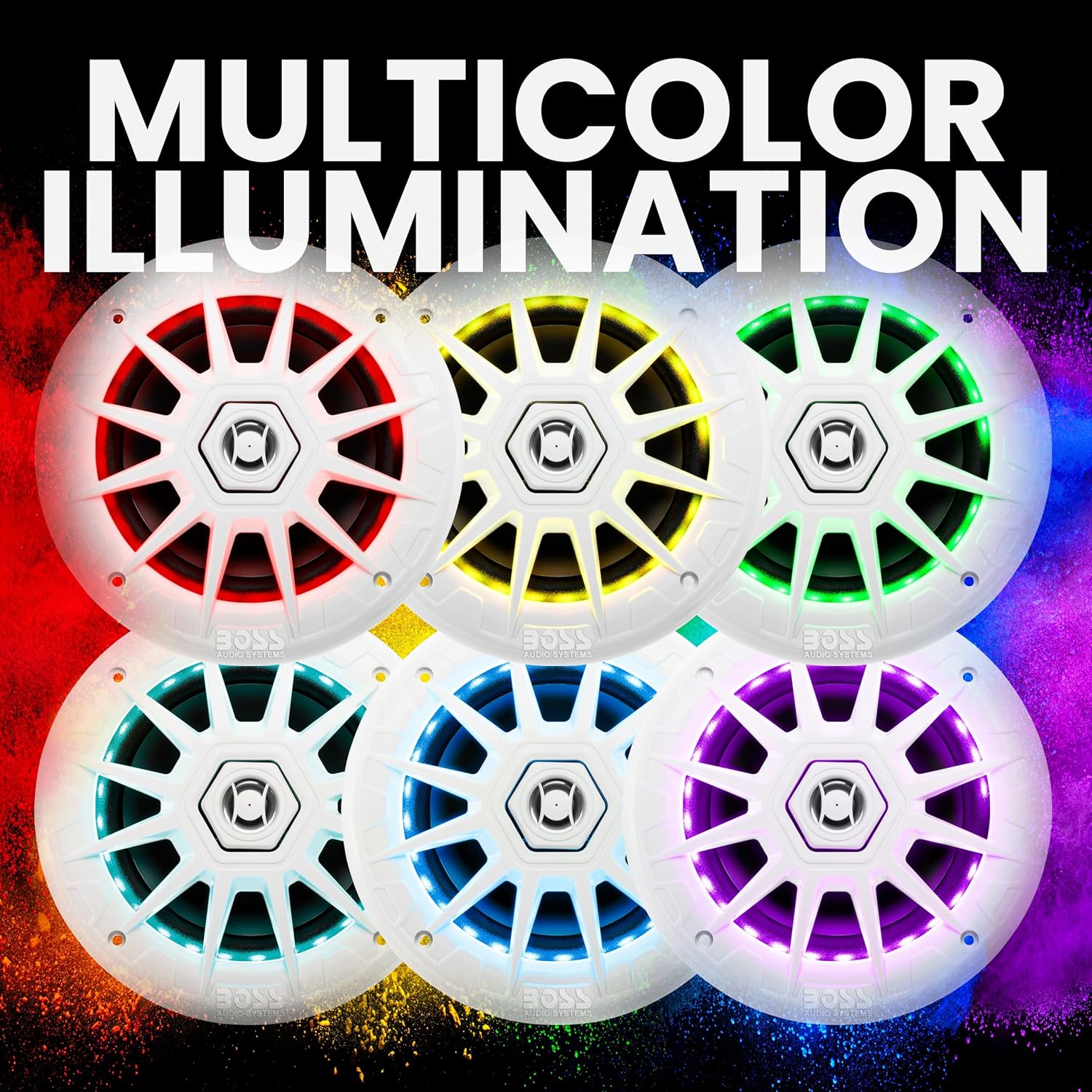 BOSS Audio Systems MRGB65 6.5 Inch Marine Boat Stereo Speakers - 200 Watts (per pair), Coaxial, 2 Way, Full Range, 4 Ohms, Multi-Color Illumination, Weatherproof, Sold in Pairs