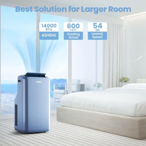 TOSOT 14,000BTU (9,600 BTU SACC) Wifi Portable Air Conditioner with Heating Mode, Cooling, Dehumidifier, Fan, Auto Swing, 24H Timer, for Large Rooms Up to 600 sq ft, AOMI Series, Steel Blue
