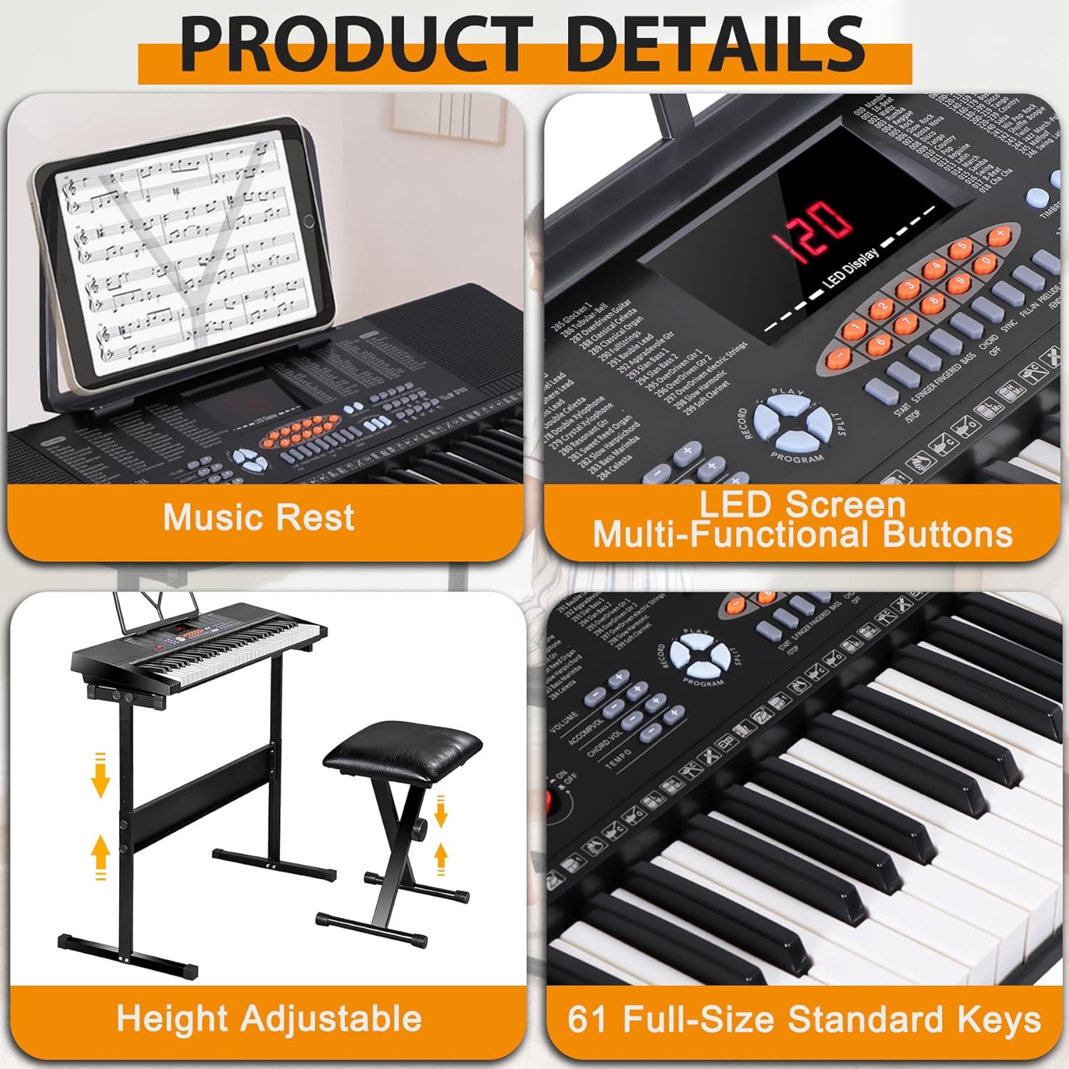 Smartxchoices 61-Key Electronic Keyboard Piano Stand Portable LED Display Keyboard Kit with Adjustable Stand, Adjustable Stool, Headphones, Microphone & Music Rest