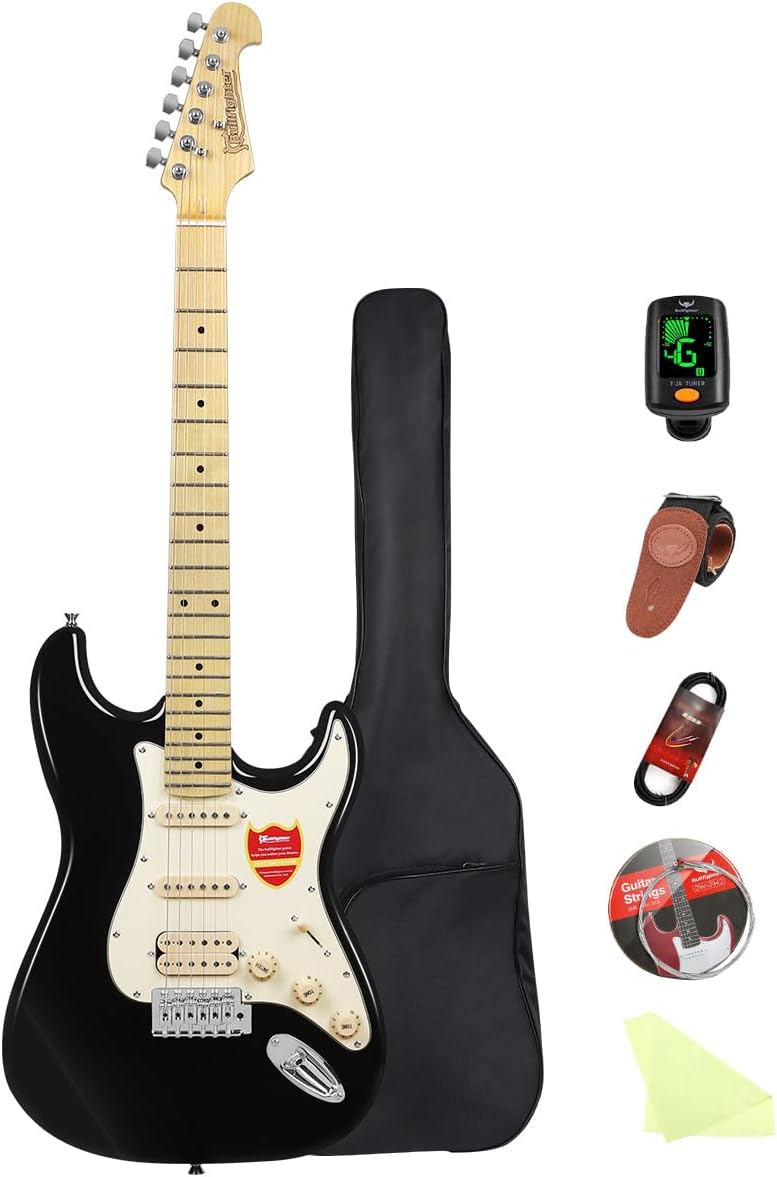 Bullfighter Electric Guitar for Music Lover Beginner 39 Inch Full Size Solid Body Electric Guitar Guitarra Beginner Kit ST SSH Series (Black)