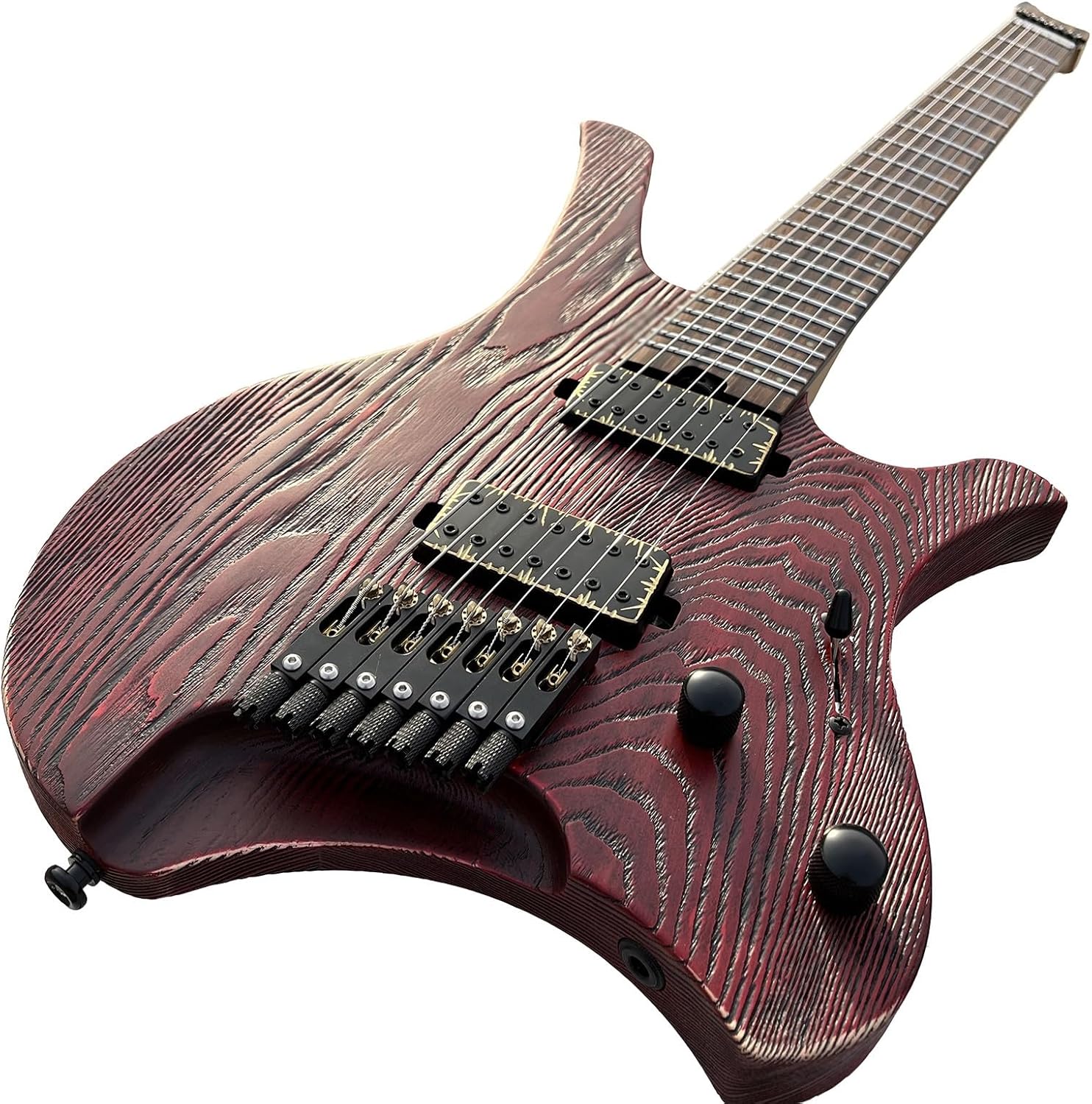 VENEKA Headless Electric Guitar 7 Strings Handmade Headless Electric Guitar with Stainless Steel Fan-Shaped Frets Ash Wood Body 3 Way Converter