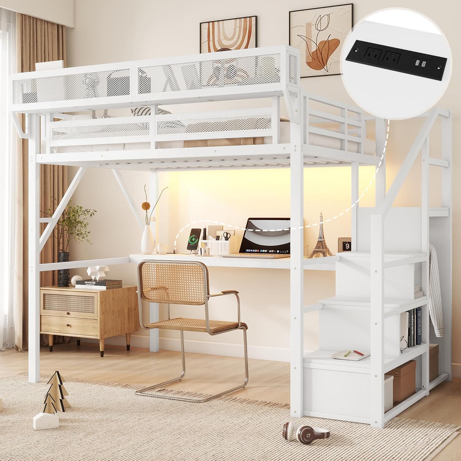 Full Loft Bed with Desk and Charging Station, Full Size Metal Loft Bed with Stairs and Light for Kids Teens, Black, Patent Products (White)