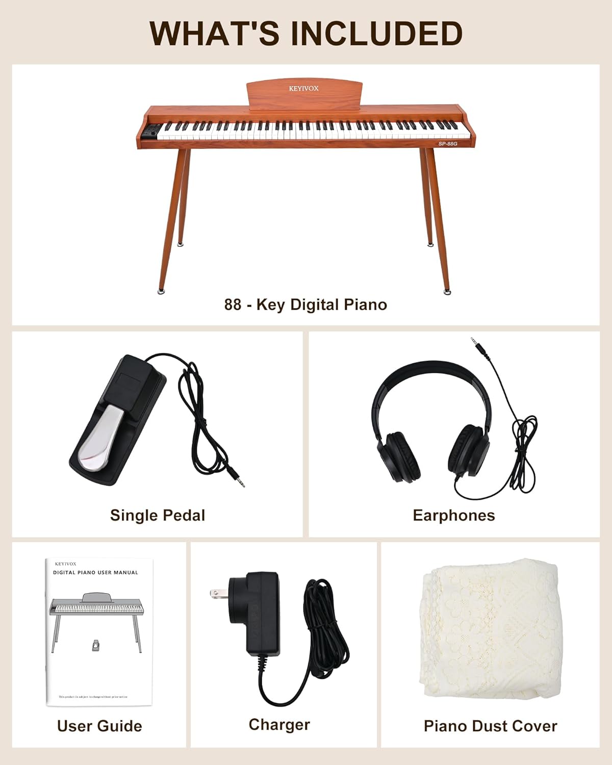 SP88G Digital Piano 88 Key Semi-Weighted Keyboard with Stand & Sustain Pedal, Electric Piano for Beginners & Adults, Headphone Jack, USB-MIDI, 800 Tones, 600 Rhythms, 80 Demo Songs