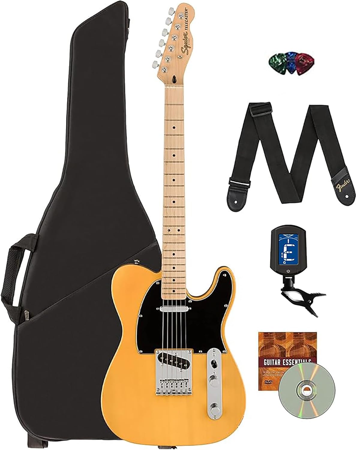 Fender Squier Affinity Telecaster w/Maple Fingerboard- Butterscotch Blonde Bundle with Gig Bag, Tuner, Strap, Picks, and Austin Bazaar Instructional DVD