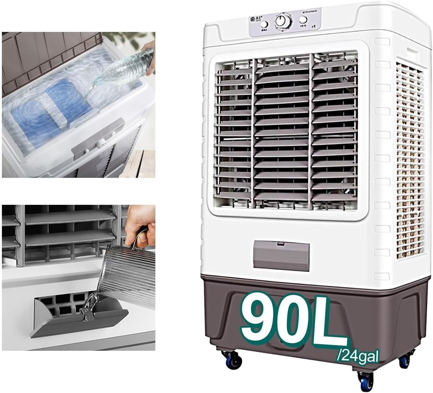 Evaporative Air Cooler, Portable 3-in-1 Air Conditioner with 120° Oscillation, 90L/24 Gal Water Tank, 3 Speeds for Indoor & Outdoor Use