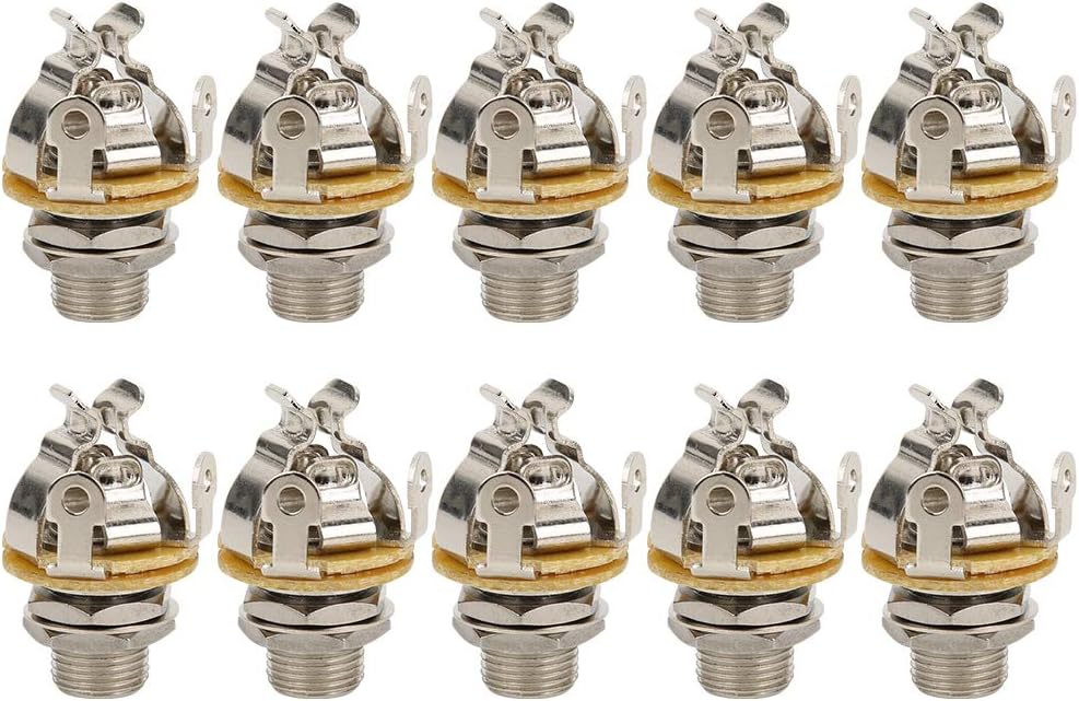 Guitar Jack Plug Socket Mono, 6.35mm, Silver, 10Pcs - Durable Construction, Easy Panel Mounting, Ideal for Electric Guitar and Bass
