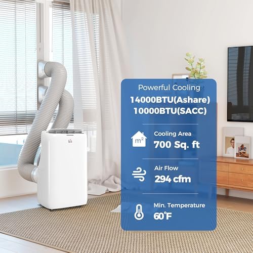 HOMCOM Dual Hose Portable Air Conditioner High Efficiency Inverter, 3-in-1 14000 BTU AC Unit with Cool, Dehumidifier, Fan, for Room up to 700 Sq. ft, Includes Remote & Window Kit