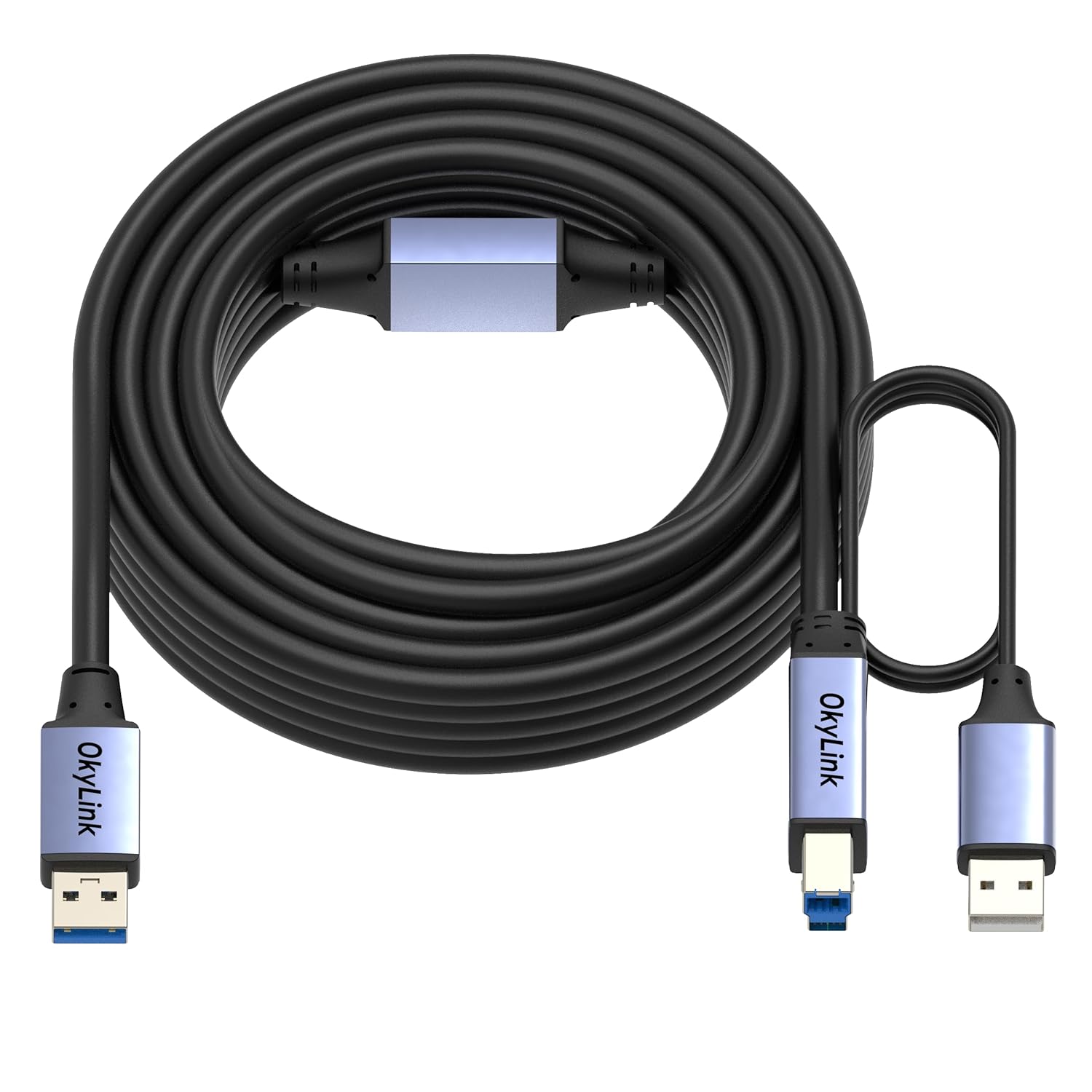 OkyLink 65ft(20M) Active USB 3.0/3.2 Gen 1 Repeater Cable A Male to B Male with Optional Power 5Gbps for Professional Printing, Scanning