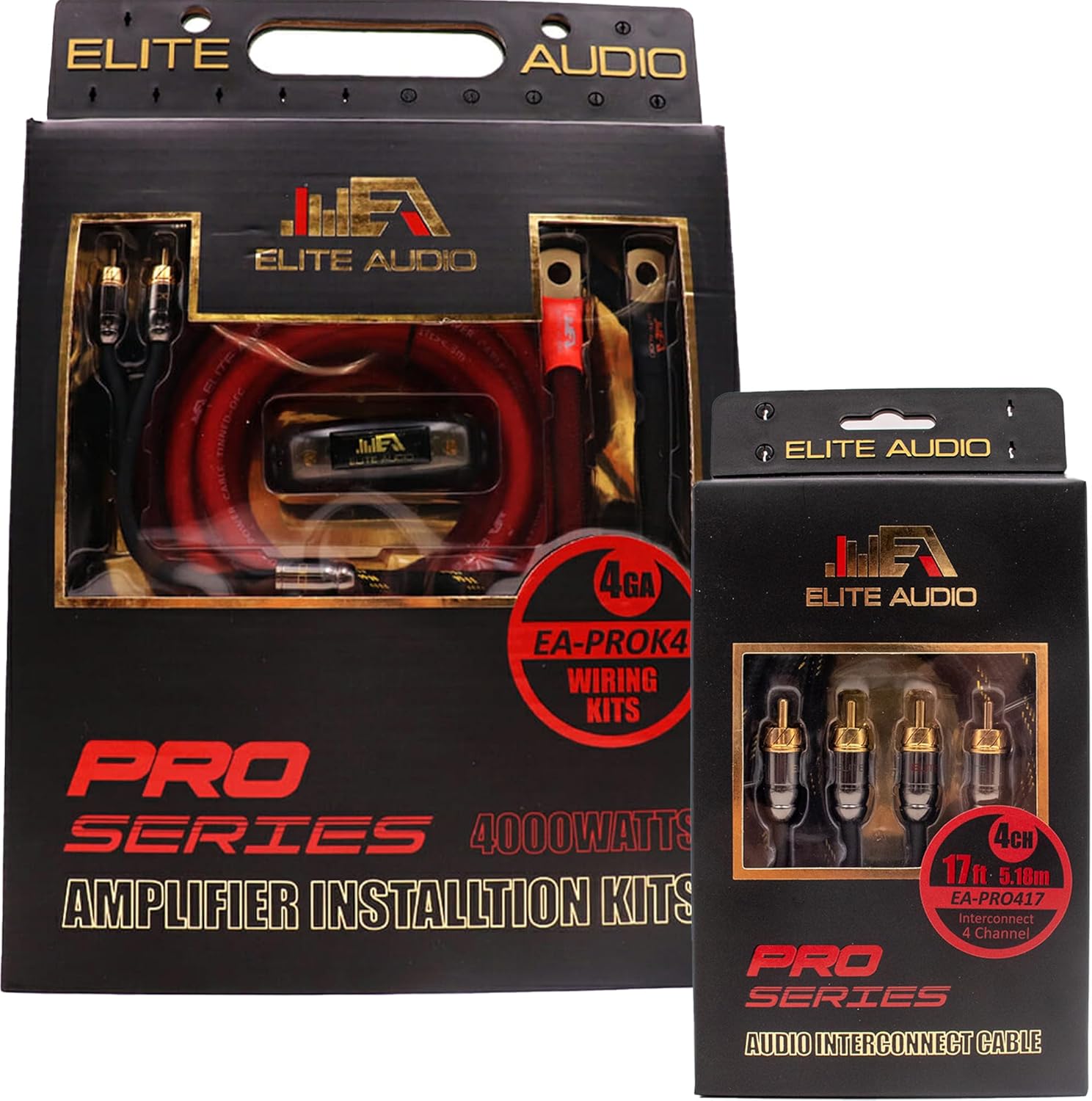 Elite Audio, EA-PROK4 + EA-PRO417, Pro Series Amplifier Wiring Kit and 4-Channel RCA Combo, 4000 Watts Max Power, 4GA Cables, Dual RCA Sets, ANL Fuse and Holder