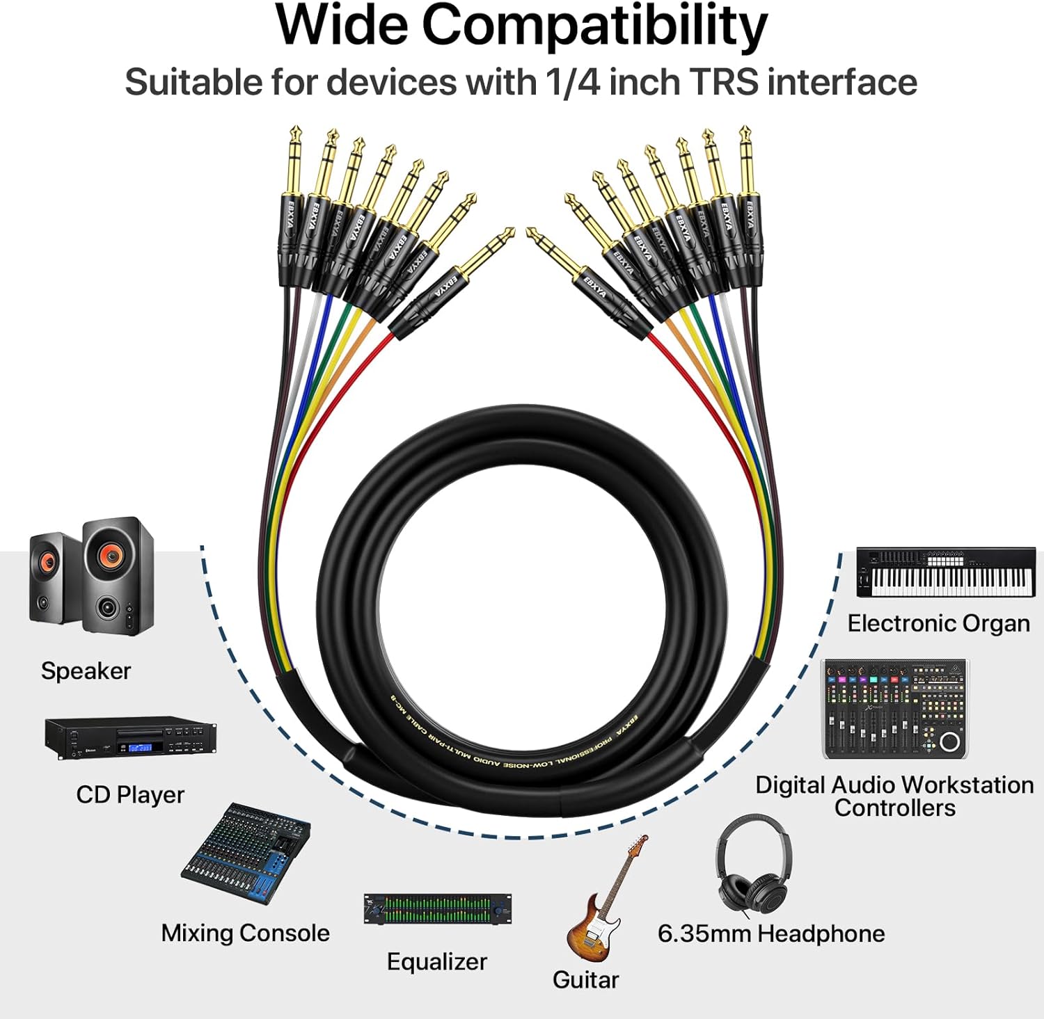 EBXYA 8-Channel 1/4 Inch TRS to TRS Snake Cables 10ft, 6.35mm Male Jack Stereo Audio Balanced Line for Keyboard, Amplifier, Speaker, Mixer, 1 Pack