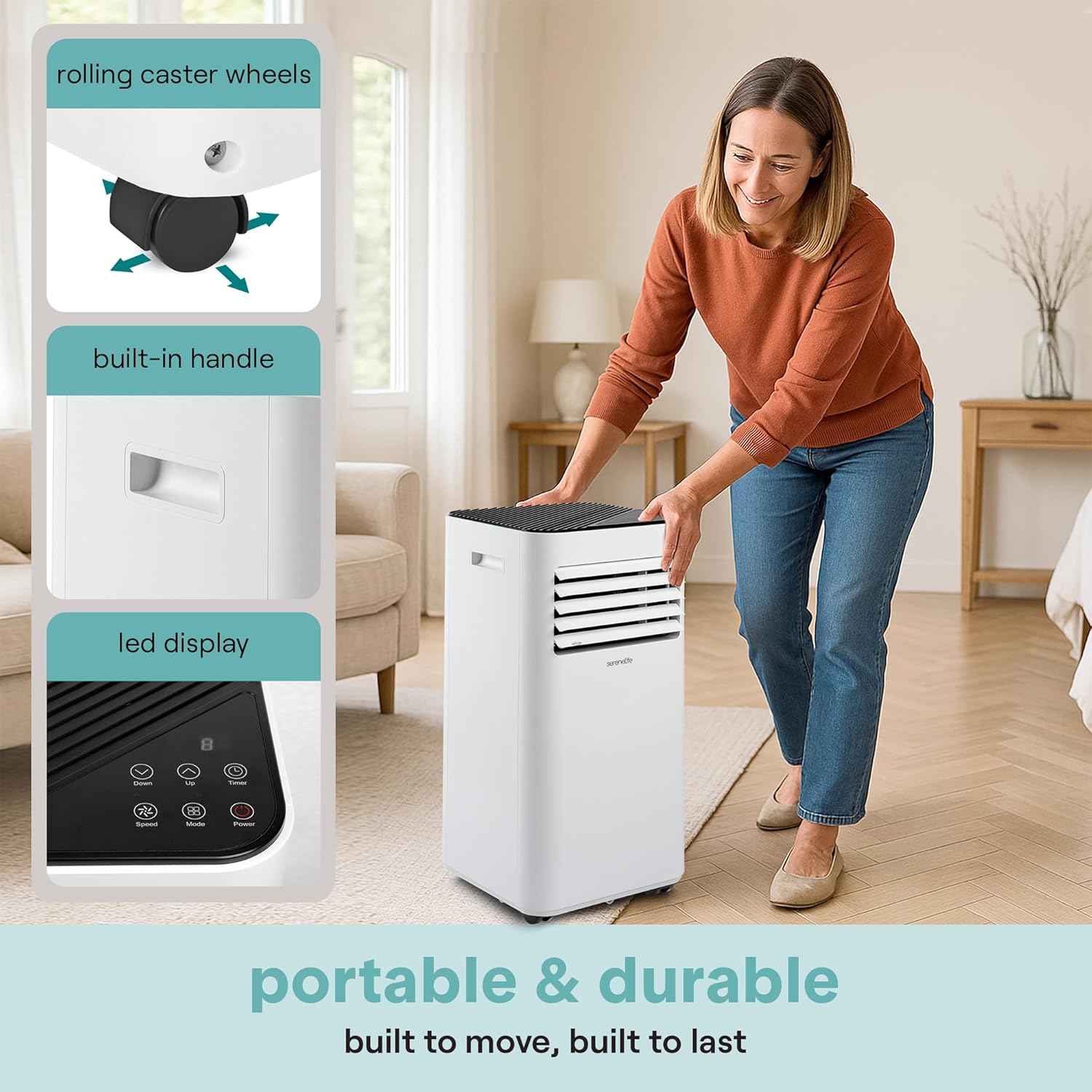 SereneLife Portable Air Conditioner 8,000 BTU with Built-in Dehumidifier - Portable AC unit for rooms up to 350 sq ft - Small AC Unit Remote Control, Window Mount Exhaust Kit