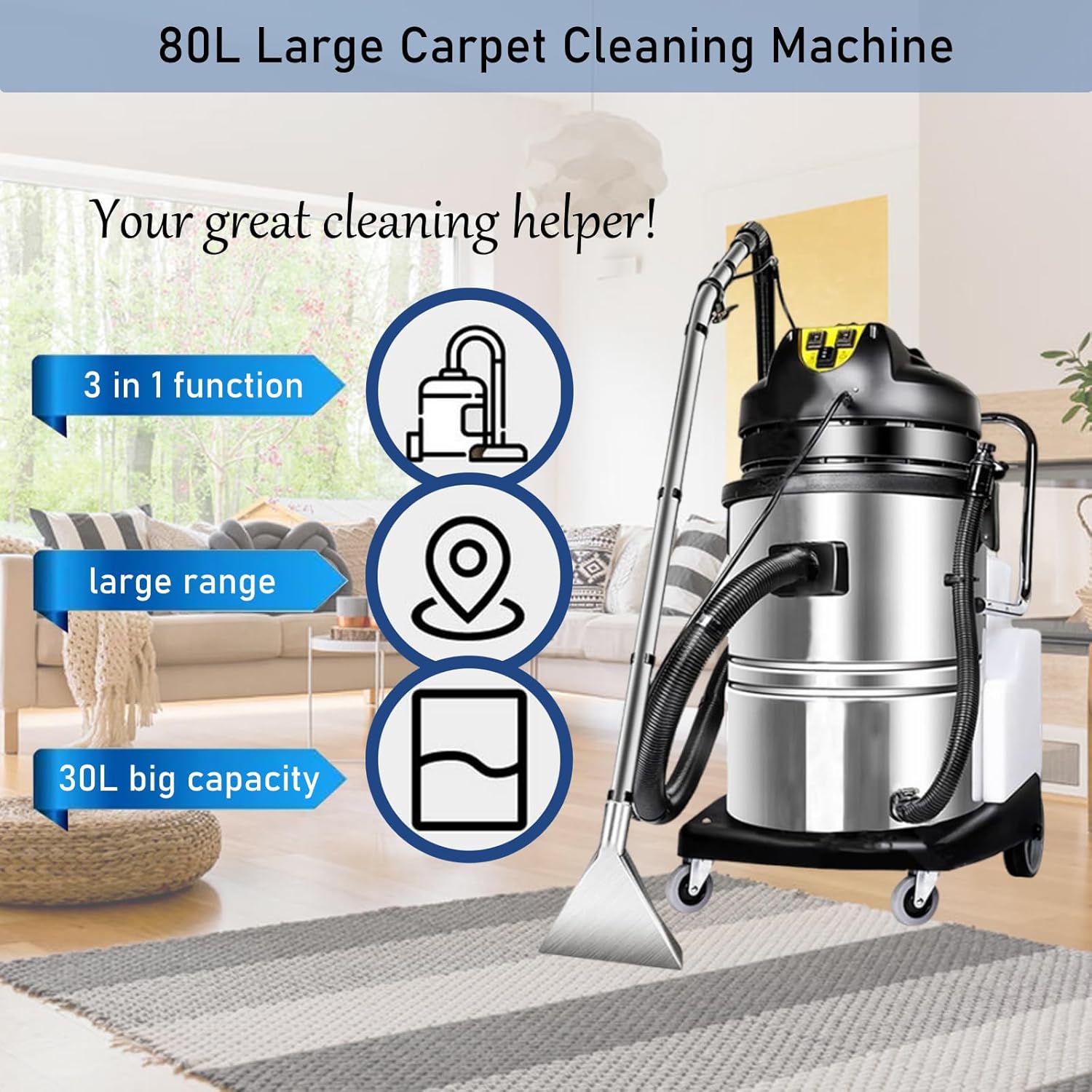 INTSUPERMAI 80L Carpet Cleaner Upright Carpet Cleaner Commercial Carpet Extractor Upholstery Cleaner 3 in 1 Multi-Purpose Floor Deep Cleaner
