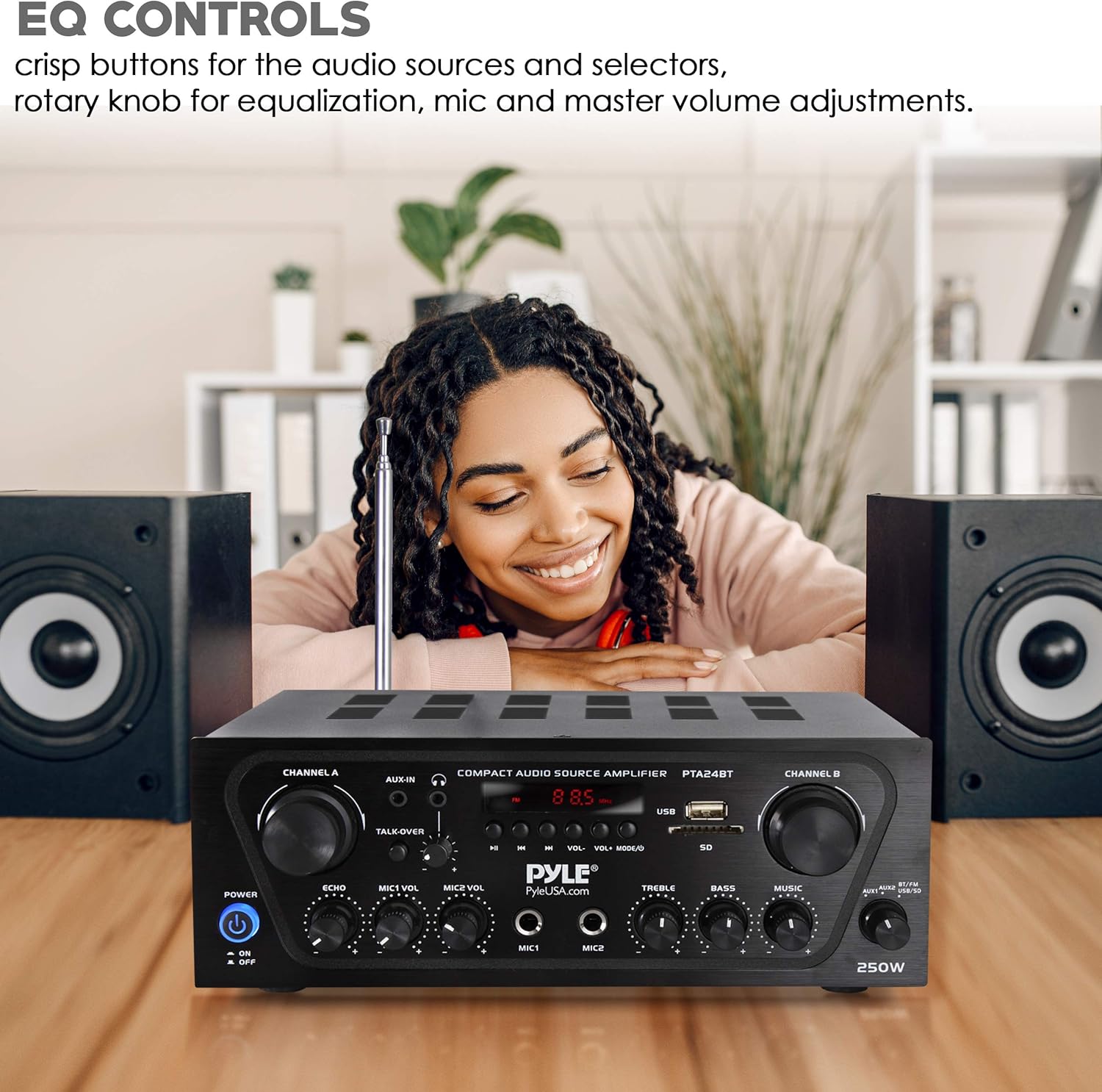 Pyle 2-Channel Bluetooth Home Stereo Amplifier - 250W Wireless Audio Receiver, Karaoke Optimized: Dual Mic In with Echo, Mic Talk-Over, FM Radio, USB-A MP3 Player, RCA, AUX, Remote Ctrl - PTA24BT
