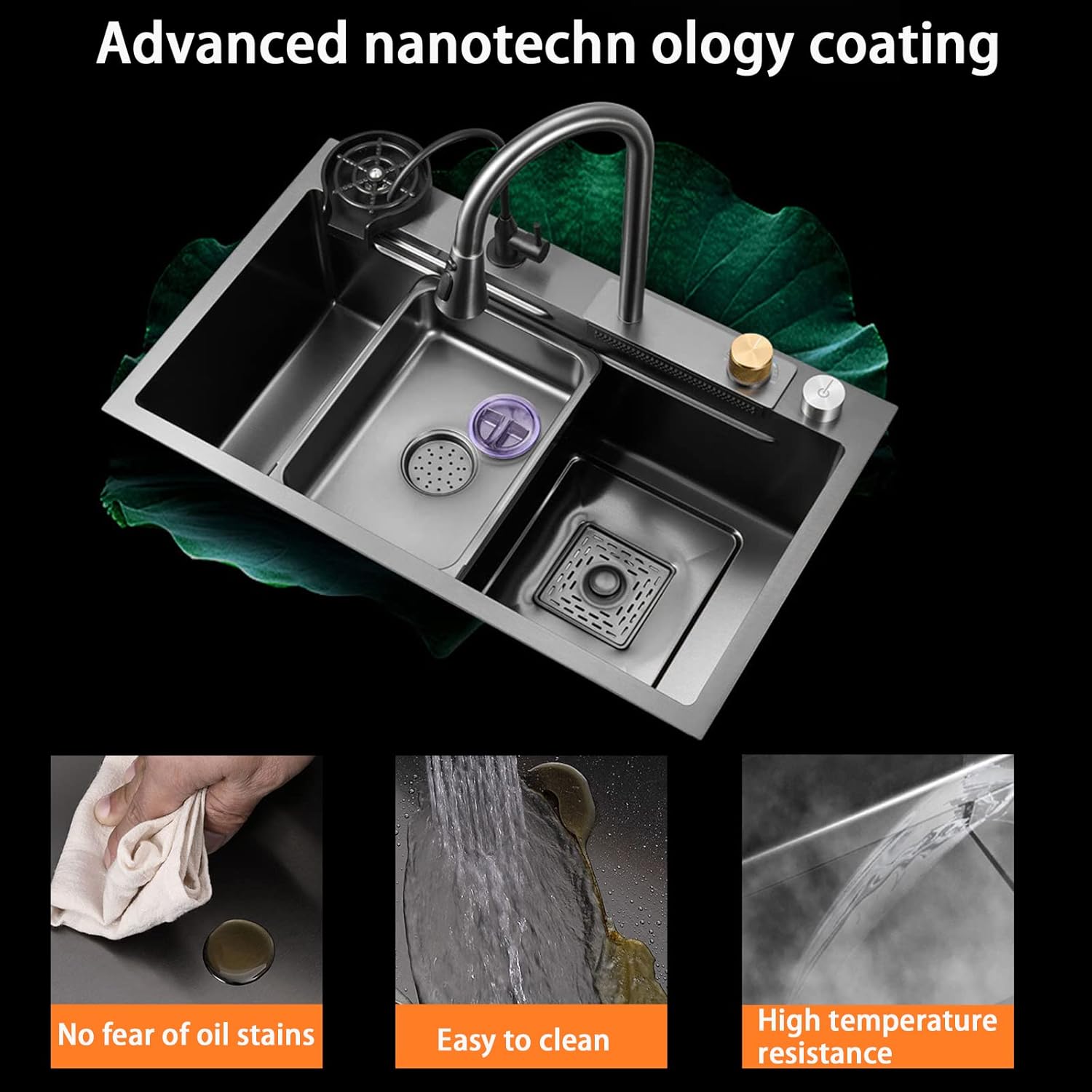 Multifunctional waterfall kitchen sink with waterfall faucet with cup washer and other sink accessories (Modern, Black-Grey)