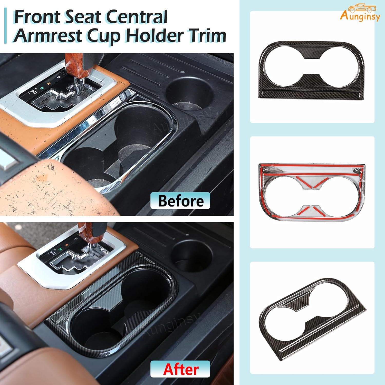Aunginsy Cup Holder, Gear Shifter & Shift Gate Track Trim Rings Compatible with Toyota Tundra 2014-2021, 3PCS Car Central Control Gear Shift Box Decoration Frame Kit Protection Cover ABS Accessories