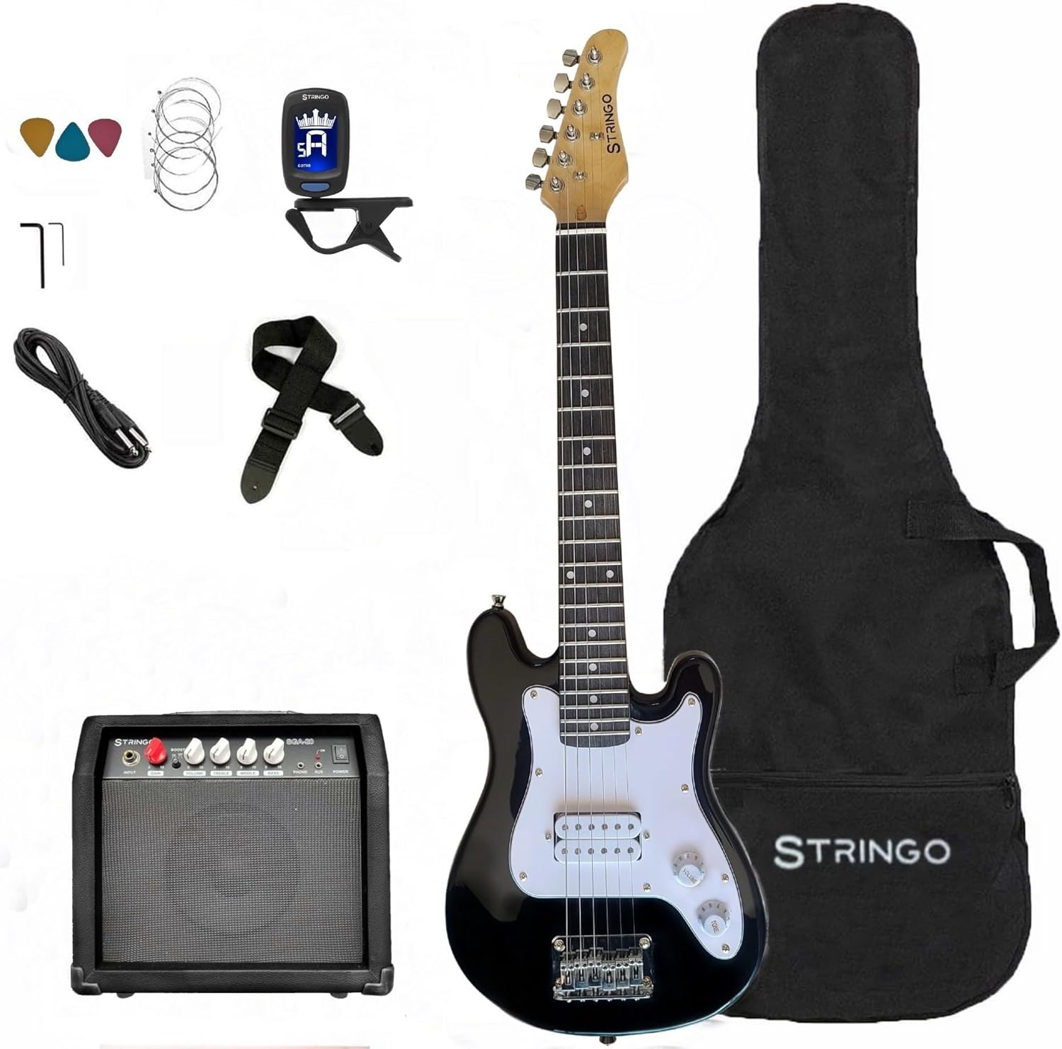 Black 30 Inch Kids Electric Guitar Beginner Kit, Set Includes 20W Amplifier 3 Picks, Shoulder Strap, Tuner, Bag Case