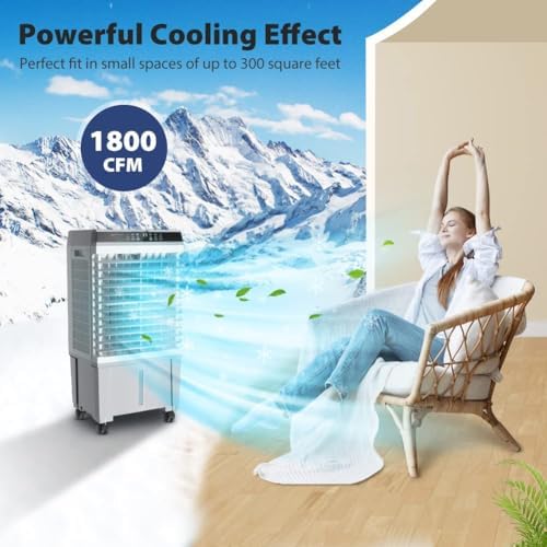 LifePlus Windowless Air Conditioner Evaporative Air Cooler Swamp Cooler 1800CFM Portable Cooling Fan with 4 Ice Packs, 12H Timer, Remote Control, 5.2 Gallon Water Tank for Indoor Patio