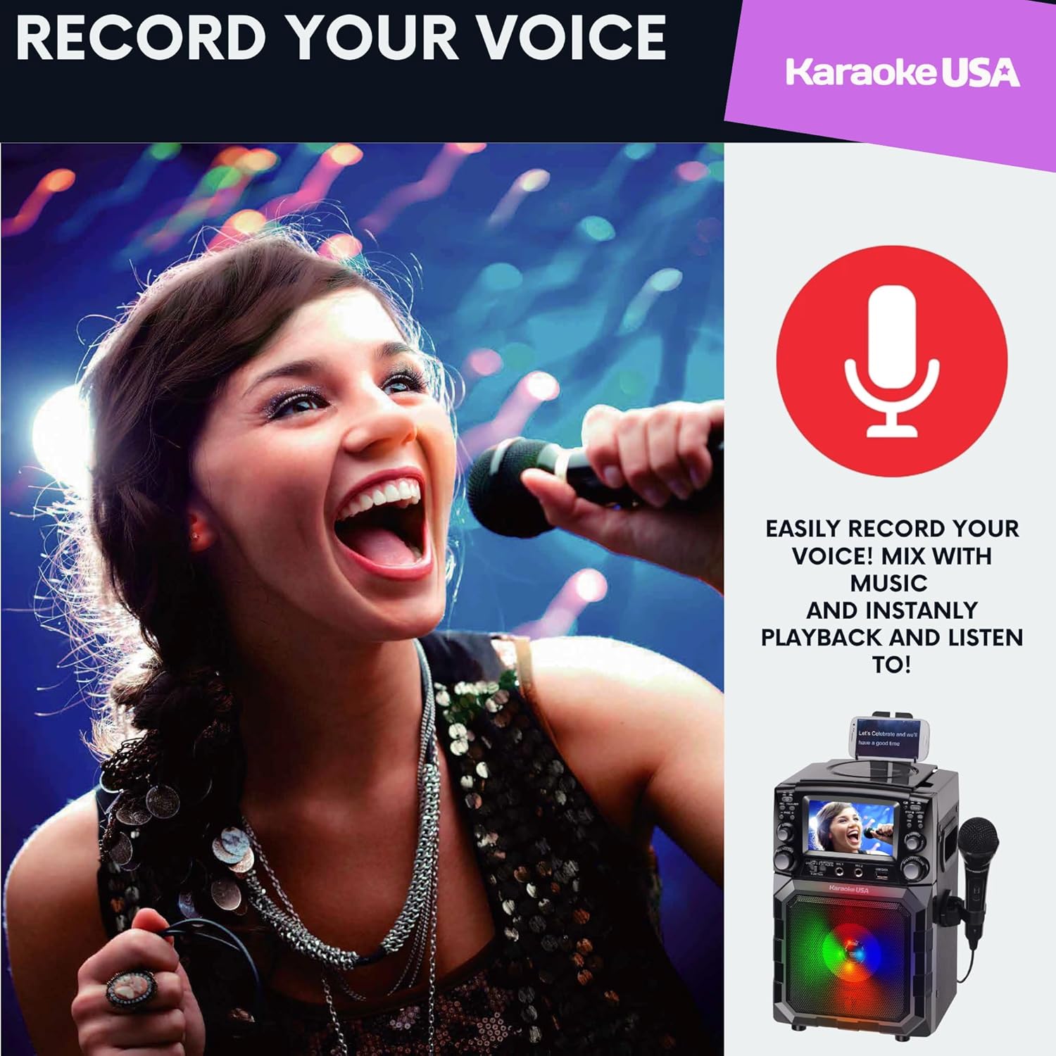 Portable Karaoke Machine with Lyrics Display | Color Screen | CD+G, MP3+G & USB MP3 | Wireless Bluetooth Speaker with Built-in Rechargeable Battery and LED Flashing Lights | Includes Wired Microphone