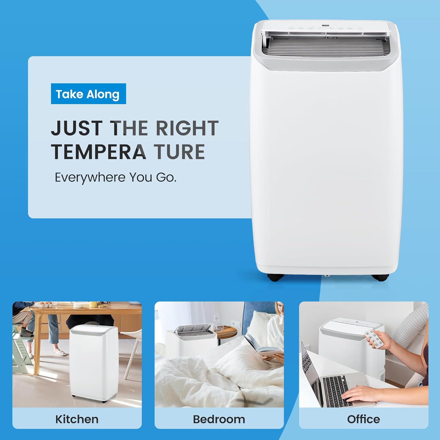 12000 BTU White Portable Air Conditioner – 3-in-1 Cooling AC, Fan & Dehumidifier with Remote & Touchscreen, Swing Function, 24H Timer, Sleep Mode, Ideal for Rooms up to 550 sq.ft