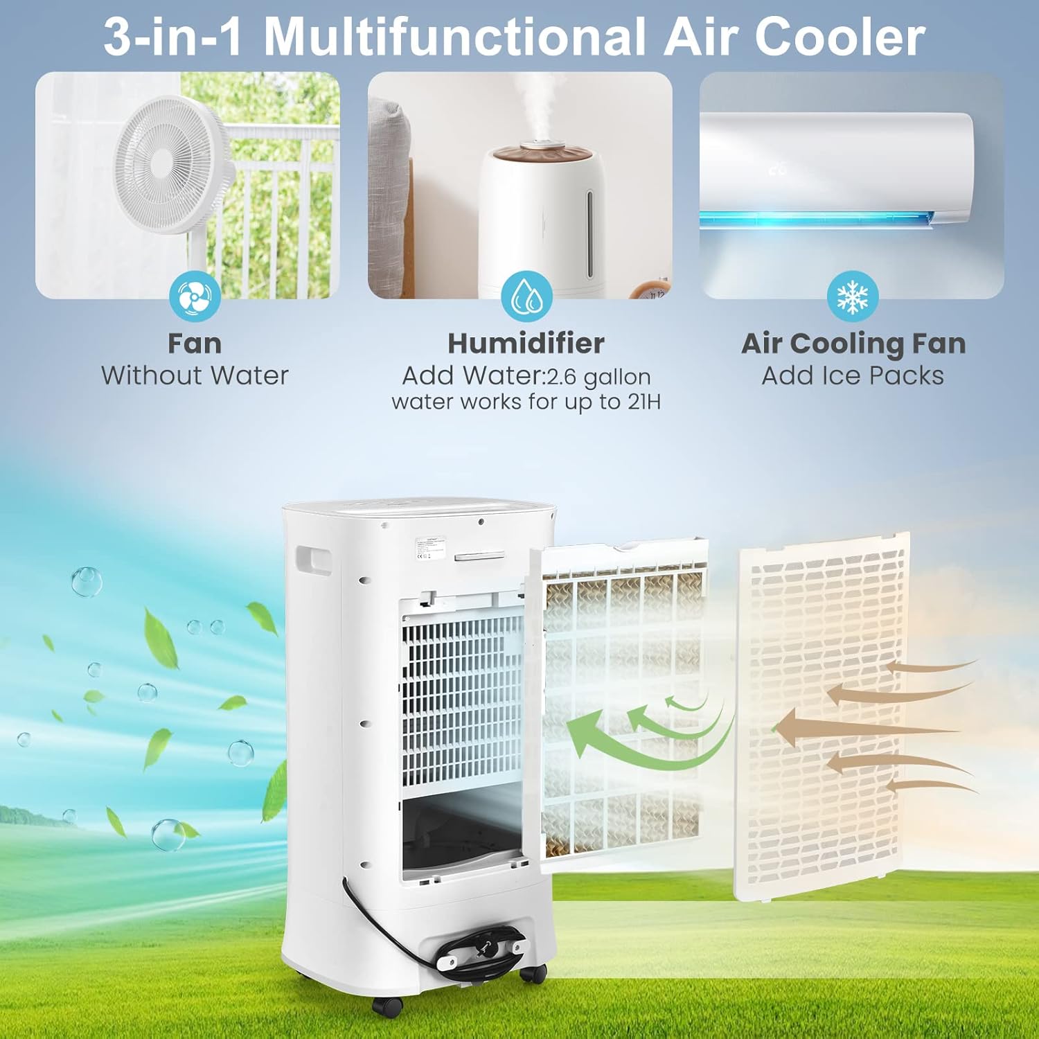 PETSITE Portable Air Conditioner Windowless, Evaporative Cooler Fan with Remote Control, 15H Timer, 2 Ice Packs, 2.6 Gal Water Tank, Personal Swamp Cooler for Bedroom Home Office