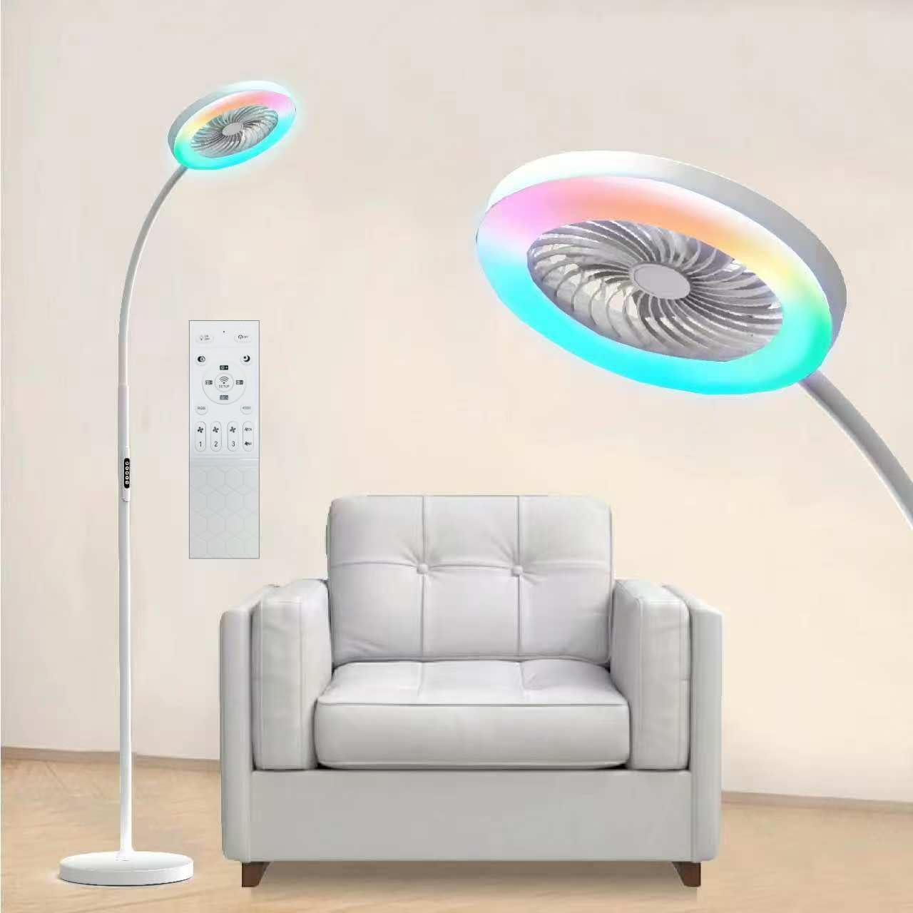 Pedestal Fan for Bedroom, Floor Lamp with Fan RGB 18w/1500lm, 3-Speed Stand Fan Stepless Adjustable 3000K-6000K Color and Dimmer, Remote and Button Control, Adjustable Gooseneck Gloor Lamp