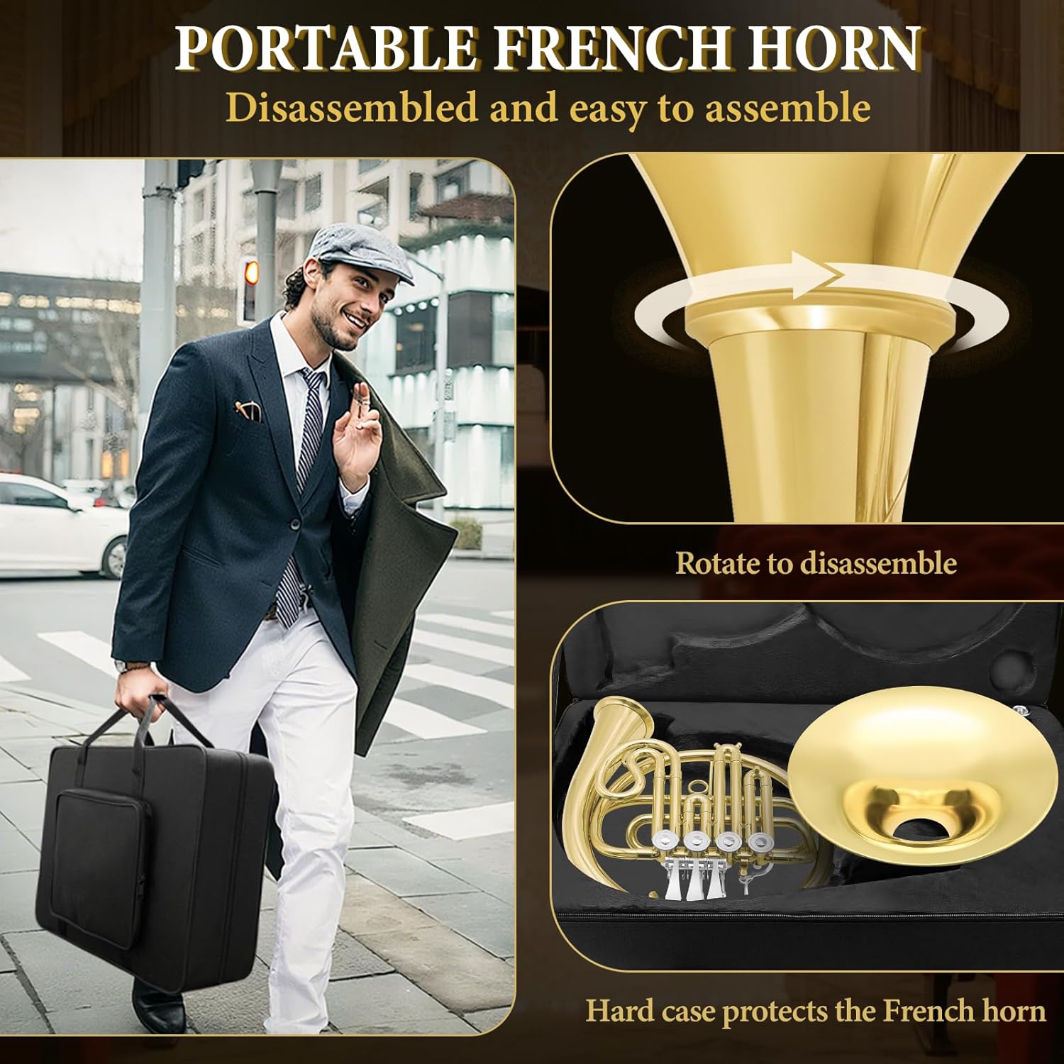 French Horn B Flat, 4 Key Gold Single French Horn Beginner Set for Students & School Bands‌ Brass Lacquer Craft Includes Musical Instrument Box Mouthpiece, Gloves, Cleaning Kit