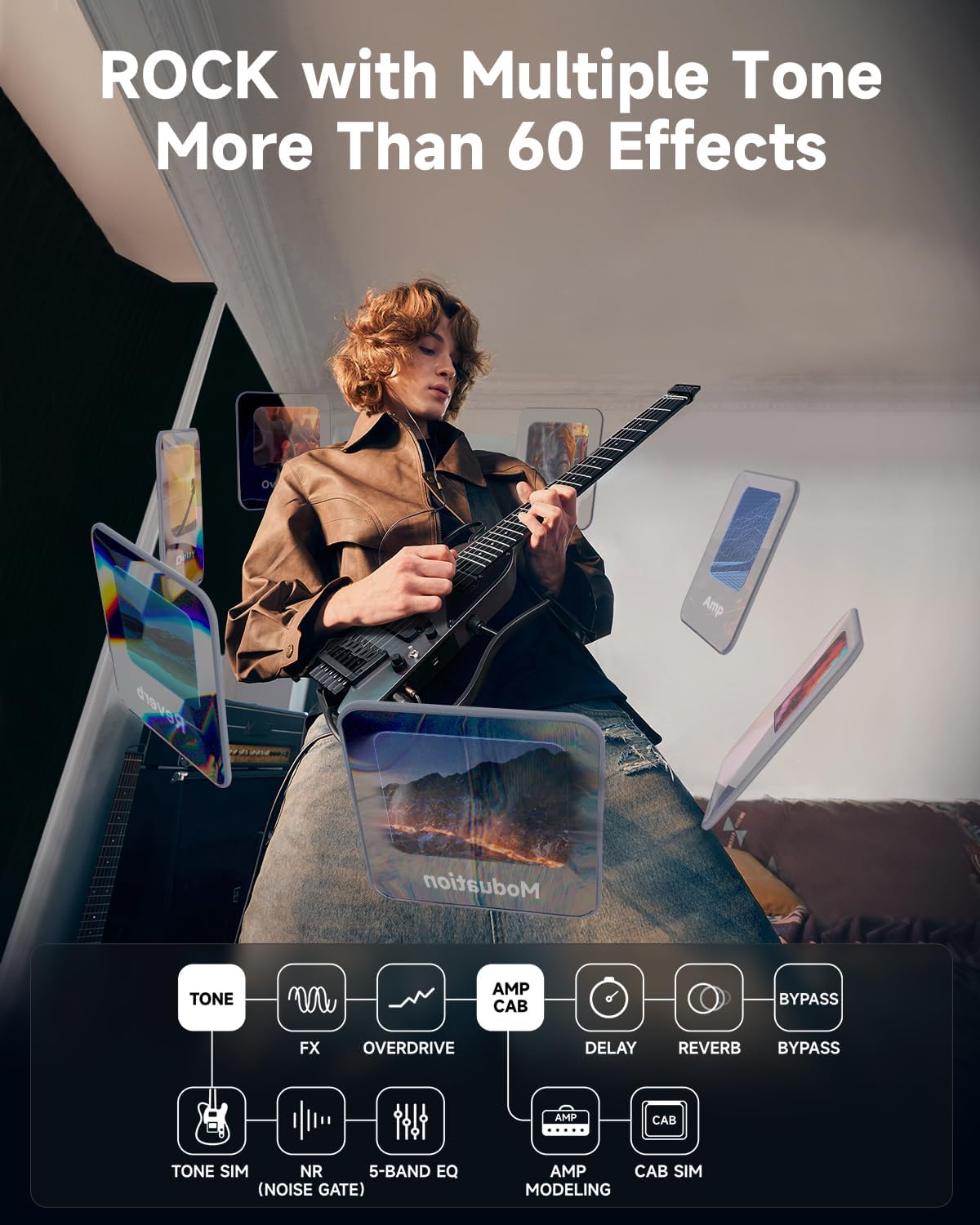 Donner HUSH X PRO Electric Guitar Kit - Smart Travel Guitar with Dozens of Preset Combinations, 7 Tone Sim Options, Midnight Glow and Donner Mini Guitar Amp Small Electric Amplifier 5W