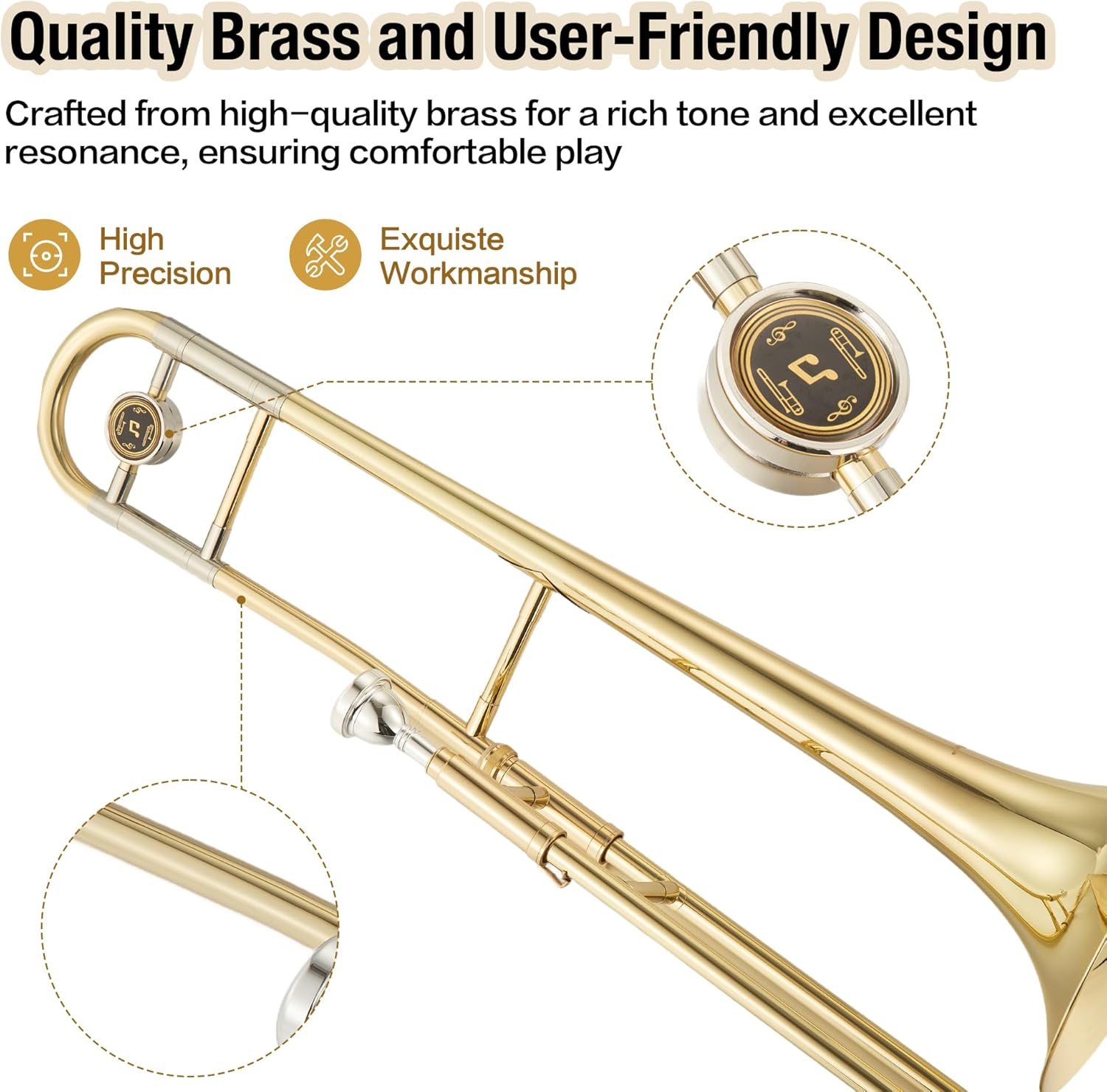 A Nickel-Plated Copper Tube Trombone in the Key of b-Flat, Suitable for Beginners. It Comes with a Mouthpiece, Sleeve, Cleaning Cloth and Gloves