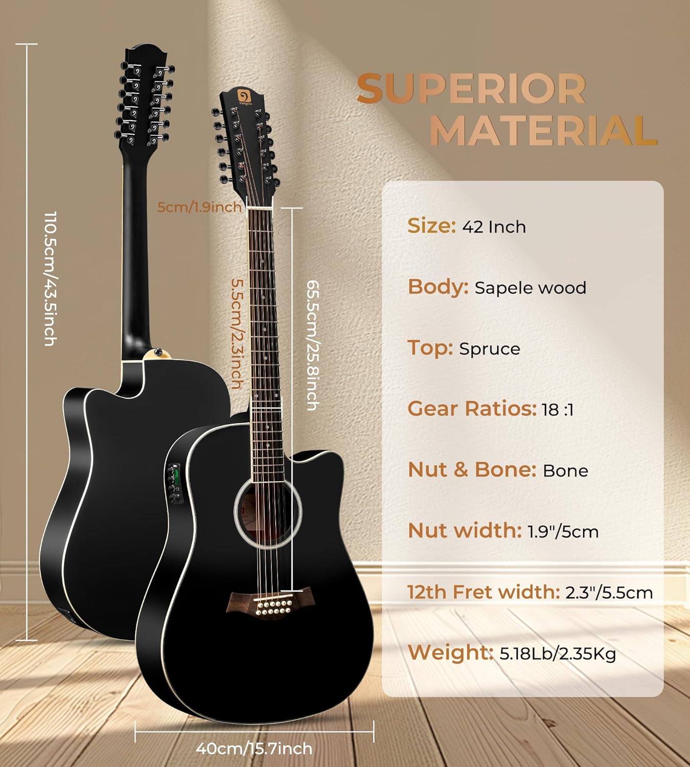 Vangoa 12 String Guitar Acoustic Electric, Upgraded Guitar 12 Strings Bundle for Beginner Intermediate Adults Teens, Guitarra de 12 Cuerdas, Spruce Top Bone Nut, Black, Matte