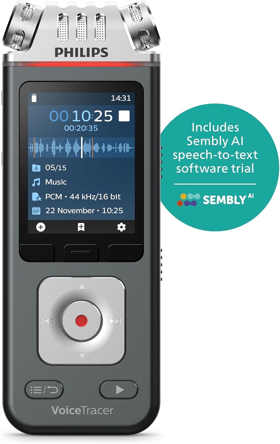 Philips VoiceTracer DVT6115 Music Recorder with Sembly AI Speech-to-Text Software Trial