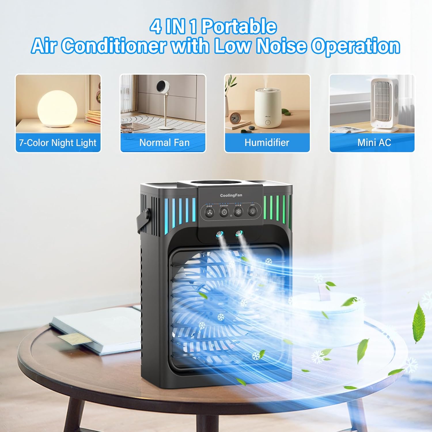 Portable Air Conditioners,4-in-1 Evaporative Air Cooler with 3 Speeds, 3 Modes & 7 LED Light Cooling Fan with Remote, 2-8H Timer, 1200ML Personal Mini Air Conditioner for Bedroom and Office