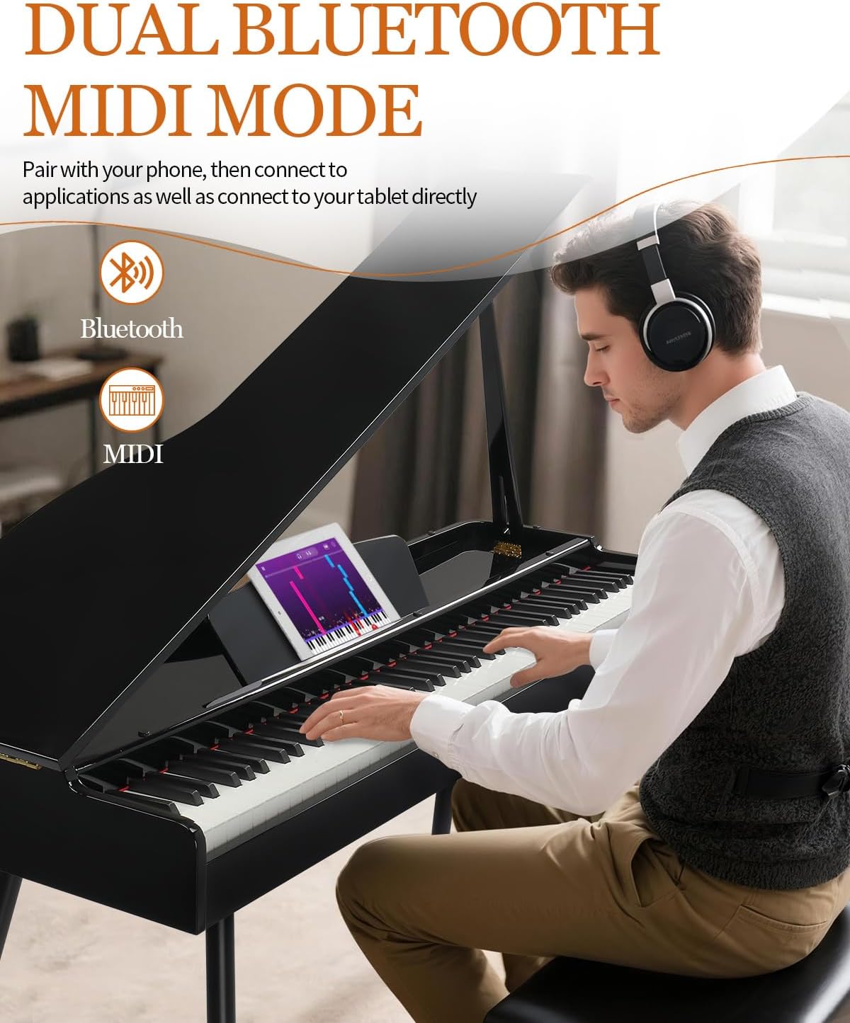 Ktaxon 88 Key Weighted Action Grand Piano, Foldable Digital Piano Keyboard with Removable Music Stand, Stereo Headphones, Dust Cover, Music Clip, Cloth, Sticker, Full Equipment for Beginner (Black)